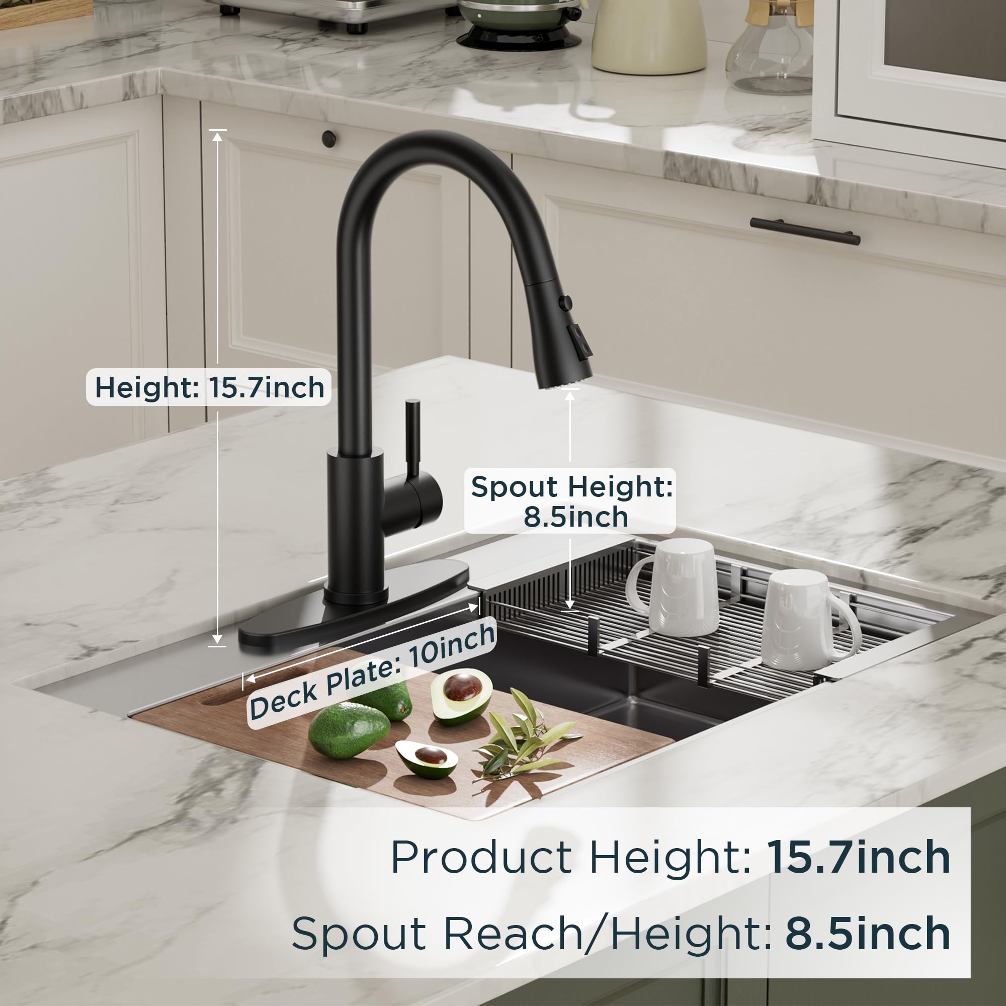Qfn Black Kitchen Faucet With Pull Down Sprayer, High Arc Single Handle Single Level Stainless Steel Pull Out Sink Faucet For Farmouse Camper Rv Bar, Fit For 1 Or 3 Hole