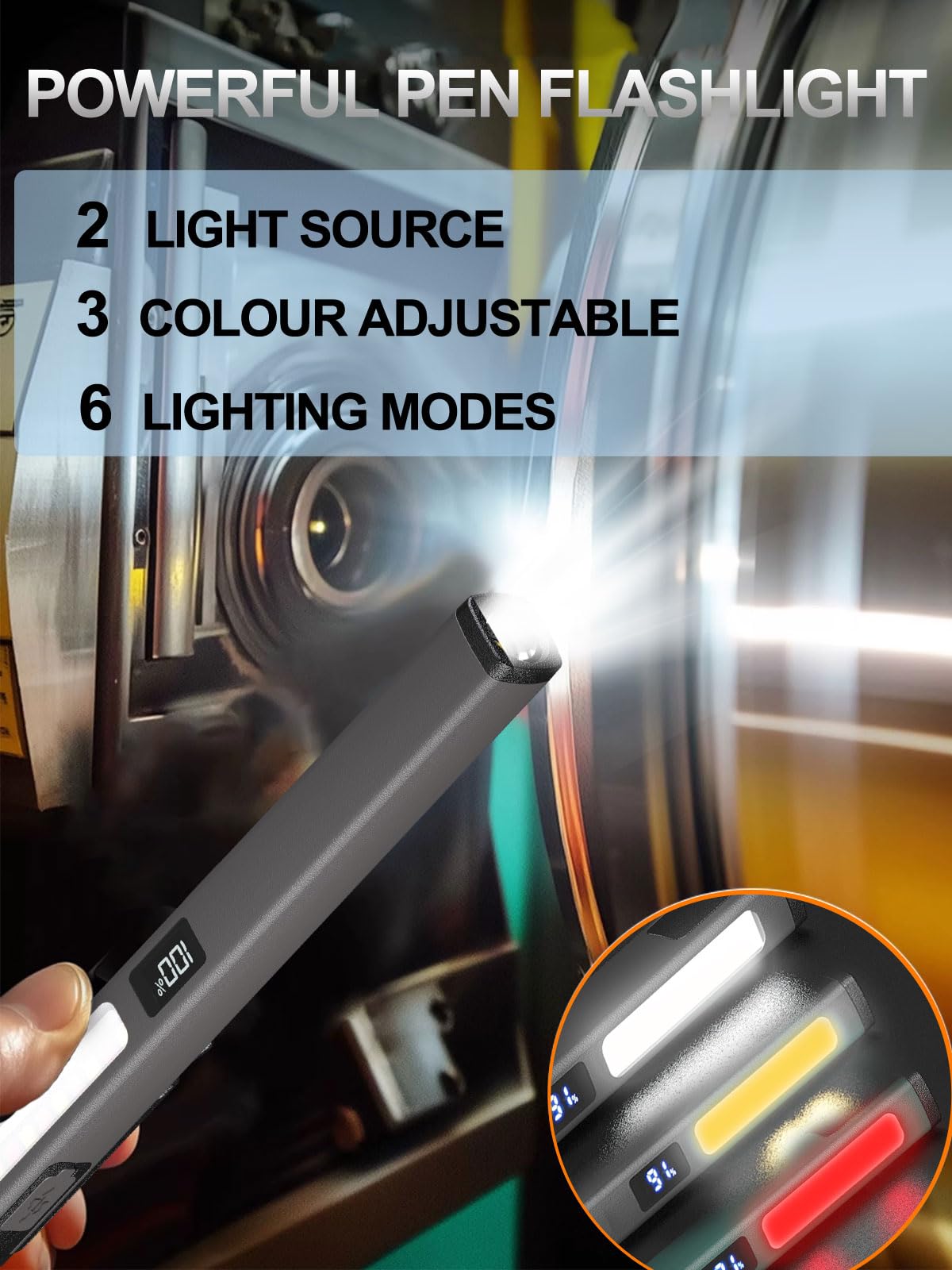 Tileon Rechargeable Pen Flashlight With 6 Modes & Power Display,Type-C Charging Led Pen Light With Cob Light,Portable Pocket Flashlight For Camping, Emergency, Home (Gray)