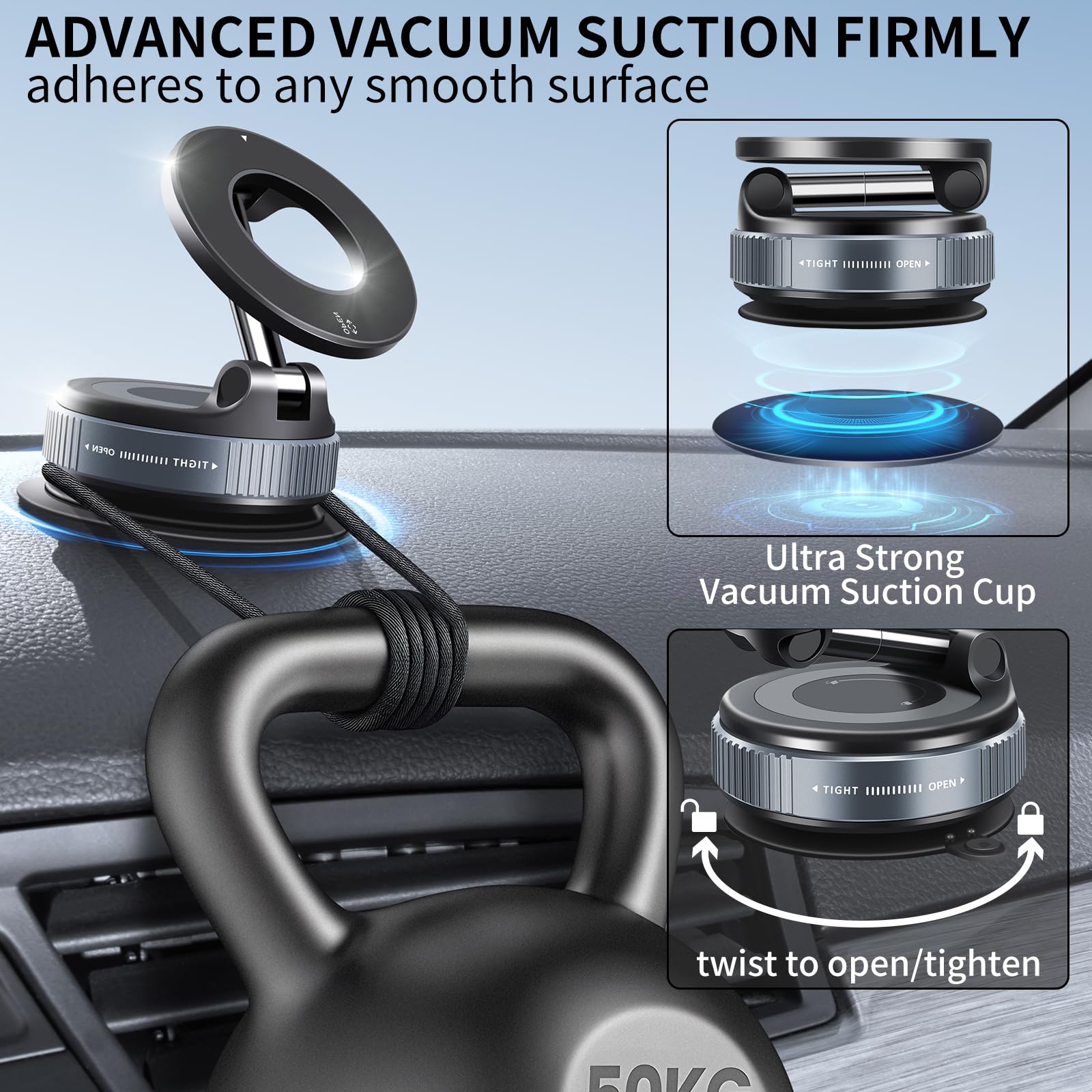Ilkcc Vacuum Suction Magnetic Phone Holder,   Vacuum Suction Cup Mount For Magsafe, 360° Adjustable Foldable Portable Magnetic Car Phone Stand For Cars/Gyms/Mirrors/Smooth Surface (Black)