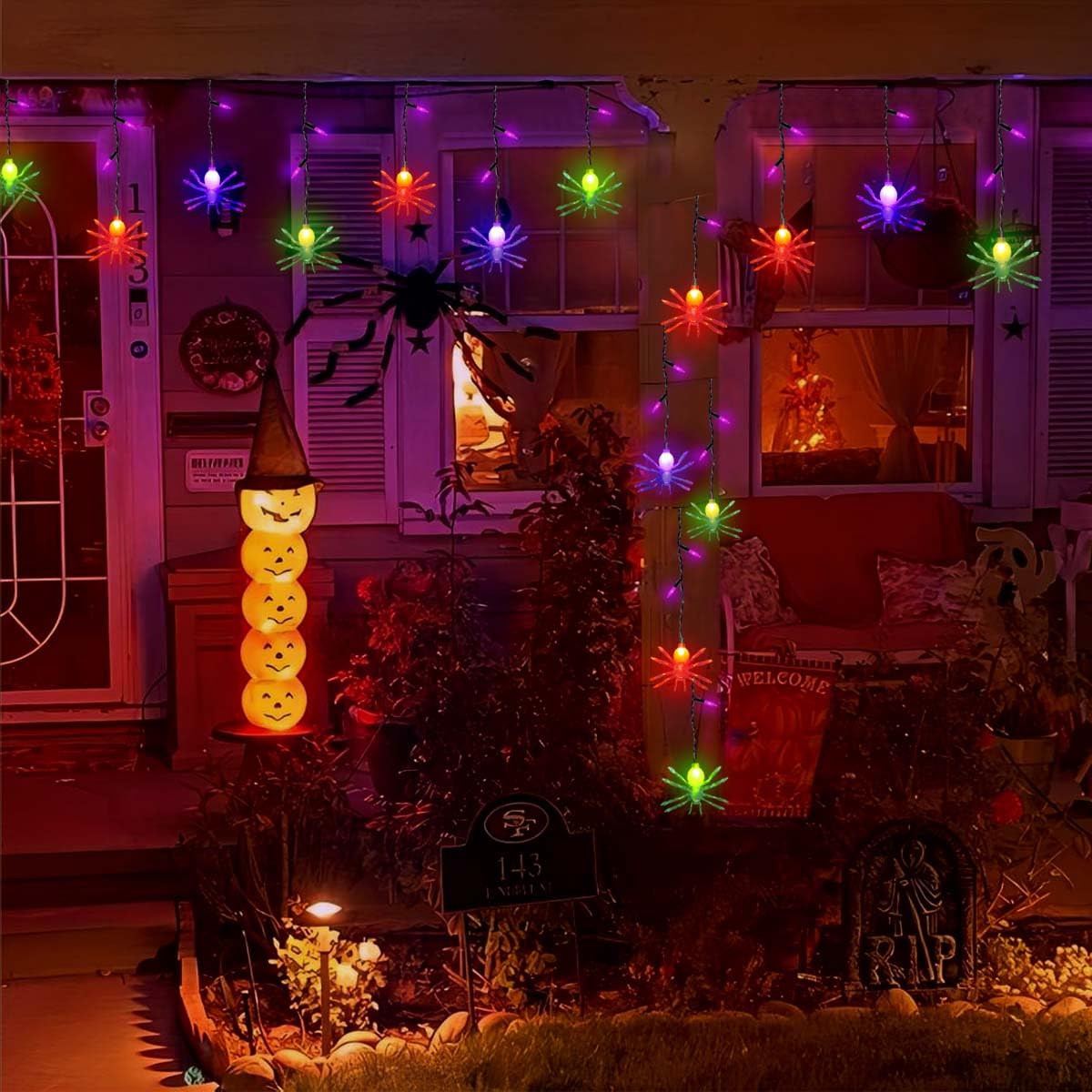 Smatols Solar Halloween Spider String Lights, 12Ft Decorations With 10 Spiders And 15 Purple Mini Lights, Curtain For Outdoor Window Patio Stair Decor