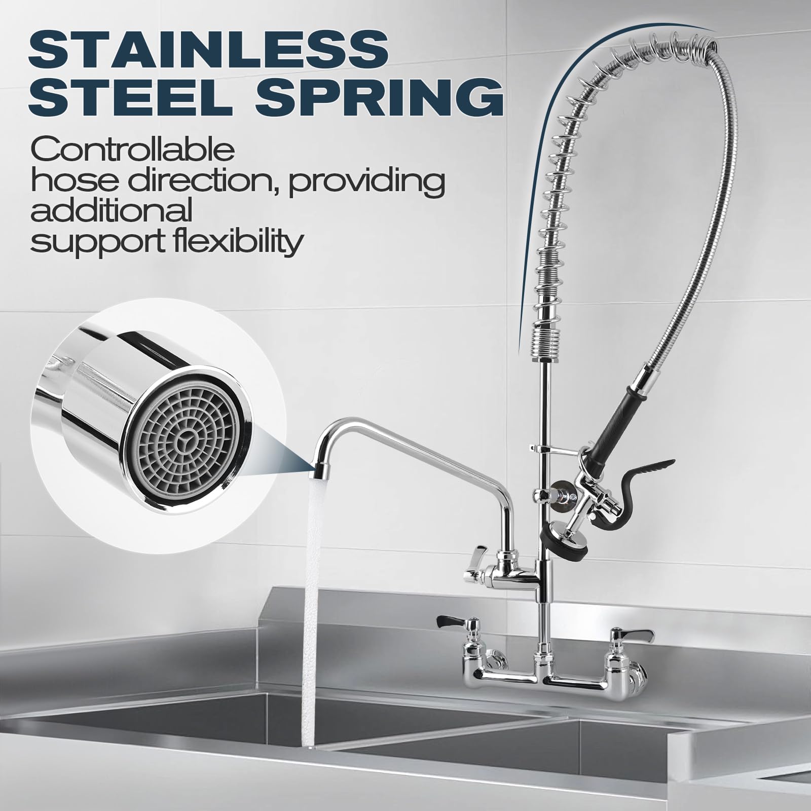 Bzimak Commercial Sink Faucet - 21" Height Commercial Faucet Wall Mount With Pre-Rinse Sprayer - 8" Adjustable Center And 8" Add-On Swing Spout, Commercial Kitchen Faucet With Pull Down Spray