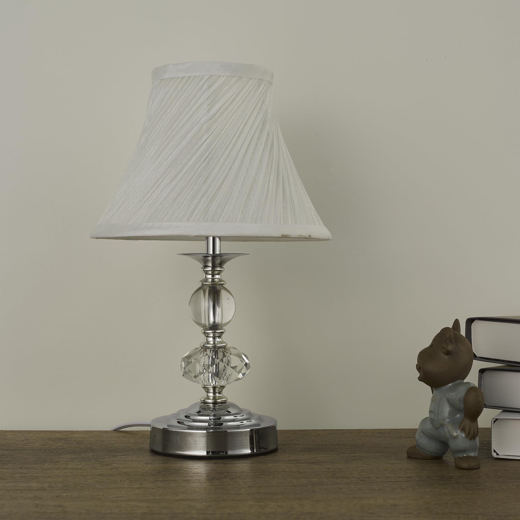 Sylw Small Modern Crystal Bedside Table Lamp, 7 X 7 X 12 Inch Electroplaetd Silver Base Table Lamp For Bedrooms And Office (White Pleated Bell Shape Shade)