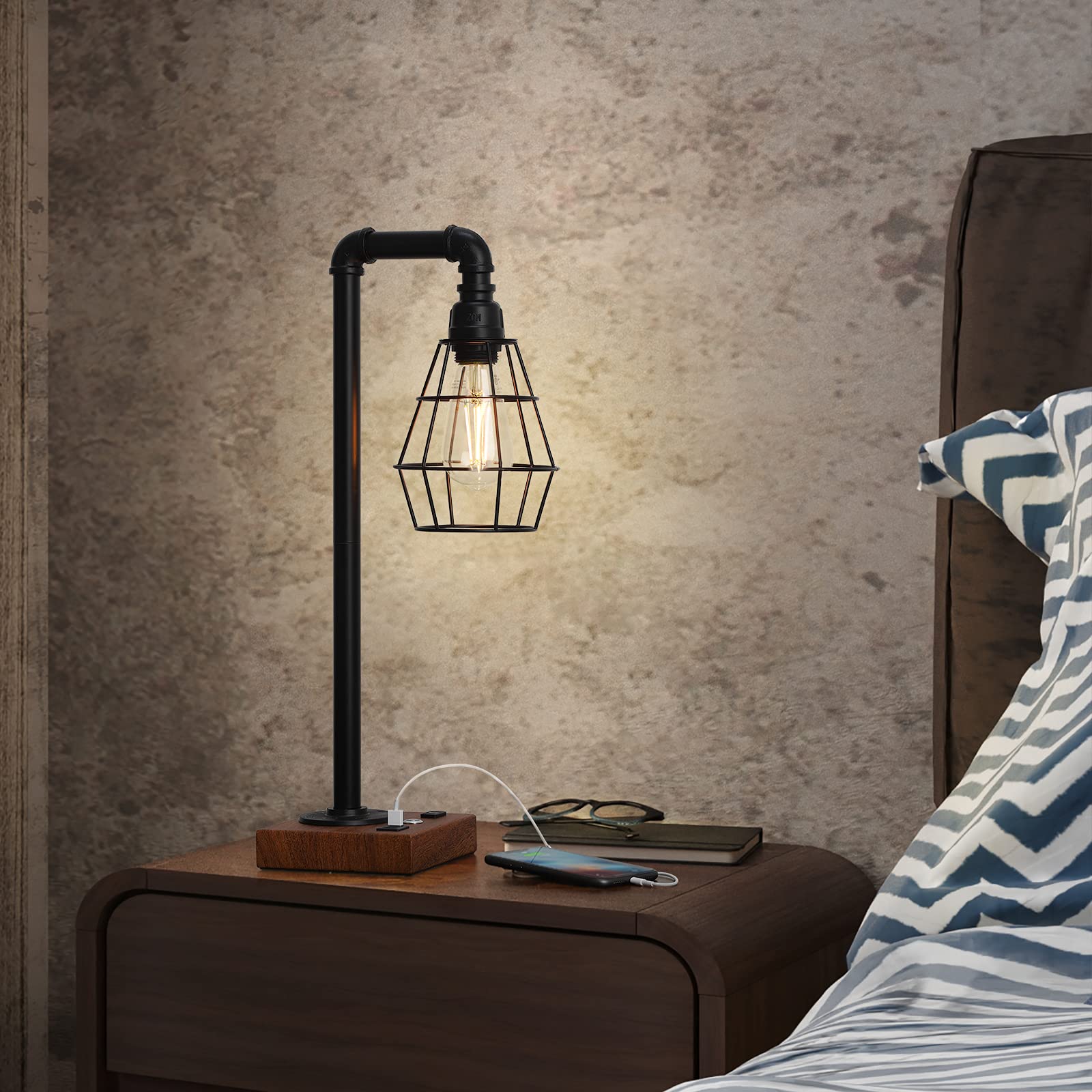 Caduke Industrial Touch Control Table Lamp, Led Bulb Included, 3 Way Dimmble Lamp With 2 Usb Ports And Ac Outlet, Bedside Nightstand Desk Lamps With Metal Cage Shade For Bedroom Living Room Farmhouse