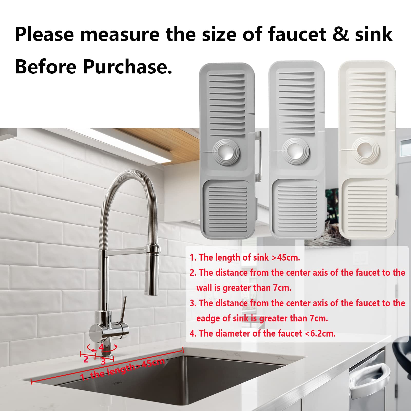 Moodkey Kitchen Sink Splash Guard Sponge Holder For Kitchen Sink Silicone Faucet Handle Drip Catcher Tray Sink Protector For Kitchen Sink Faucet Mat Fits The Faucet Tube Within 2.5"(Light Grey,17.7'')