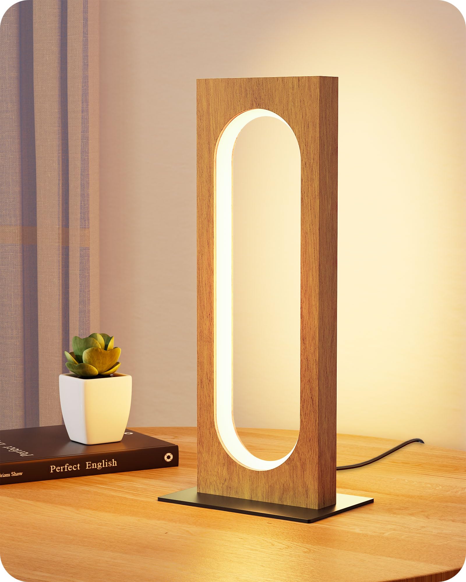 Edishine Led Table Lamp, Wooden Bedside Lamp With 3 Color Temperatures & Dimmable, Touch Control Square Nightstand Lamp For Bedroom Living Room, Memory Function, Dark Pearwood Color
