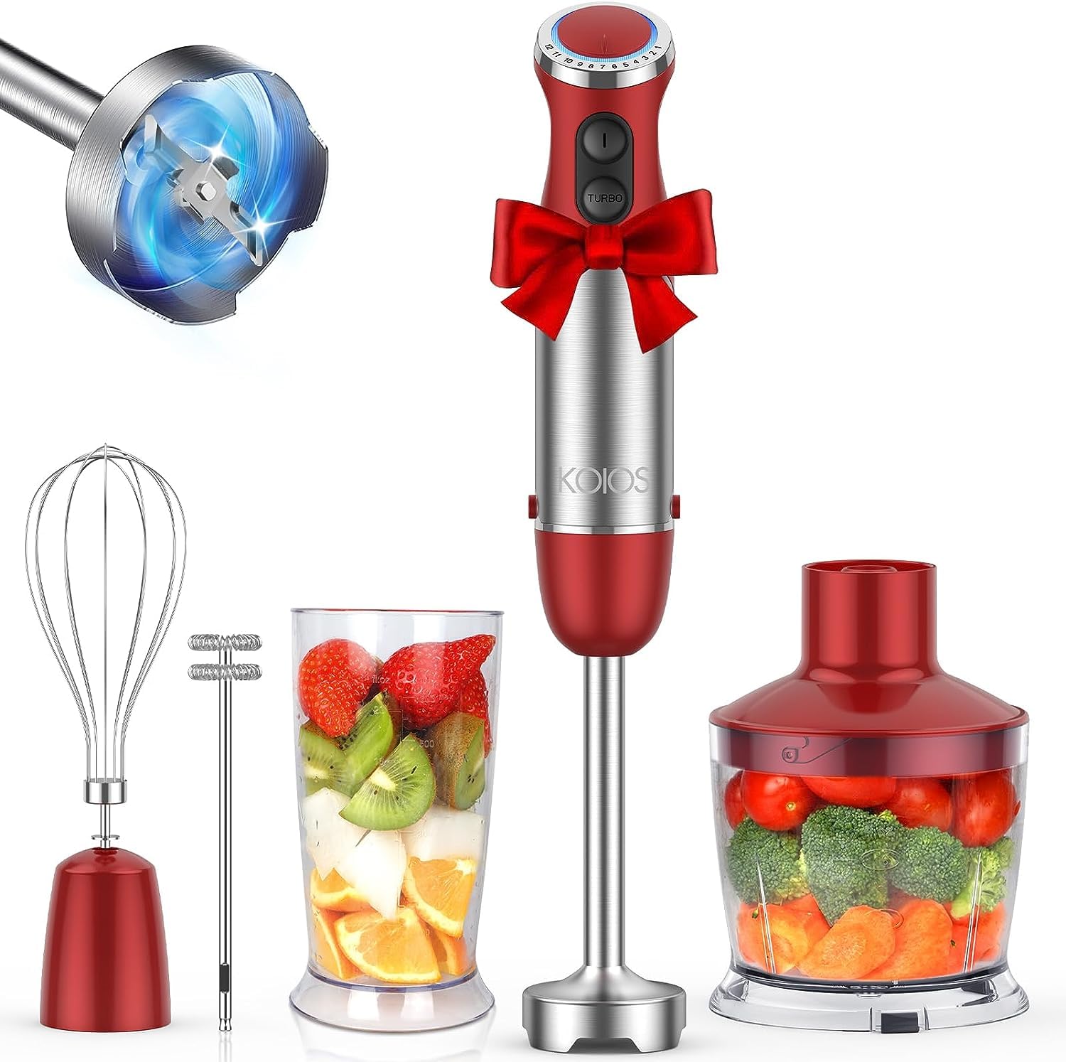 Koios 5-In-1 Hand Immersion Blender, 1000W 12 Speed Handheld Blender Stick With Copper Motor Stainless Steel Blade, 600Ml Mixing Beaker,500Ml Food Processor, Whisk, Milk Frother, Non-Bpa, Red