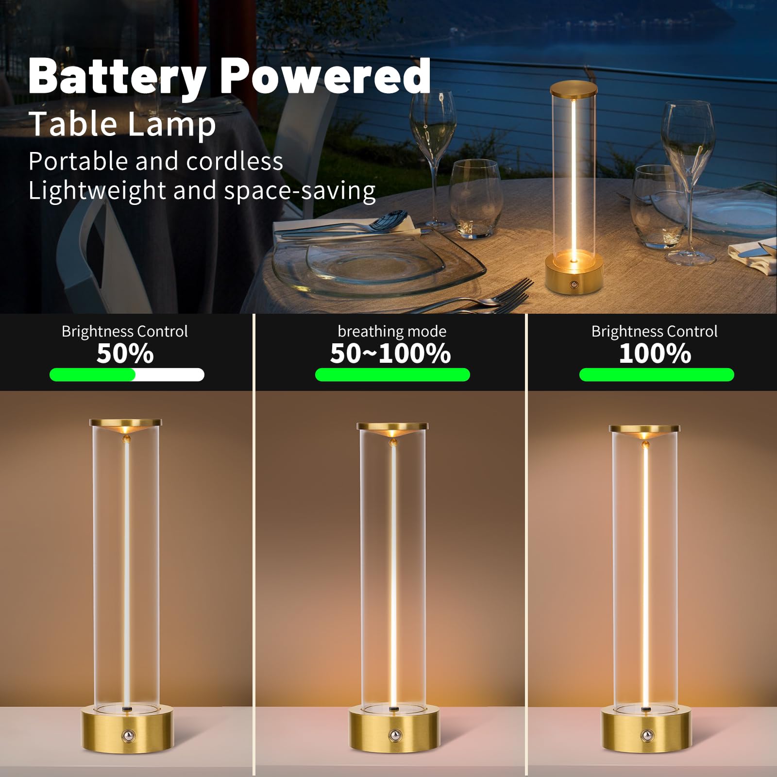 Baishezhuan Rechargeable Cordless Led Table Lamps Touch Sensor Light, 3-Levels Portable Dimming Wireless Battery Operated Lamp，Nightstand Lamp/Night Light/Restaurant Table/Outdoor/Coffee/Bar. (Gold)