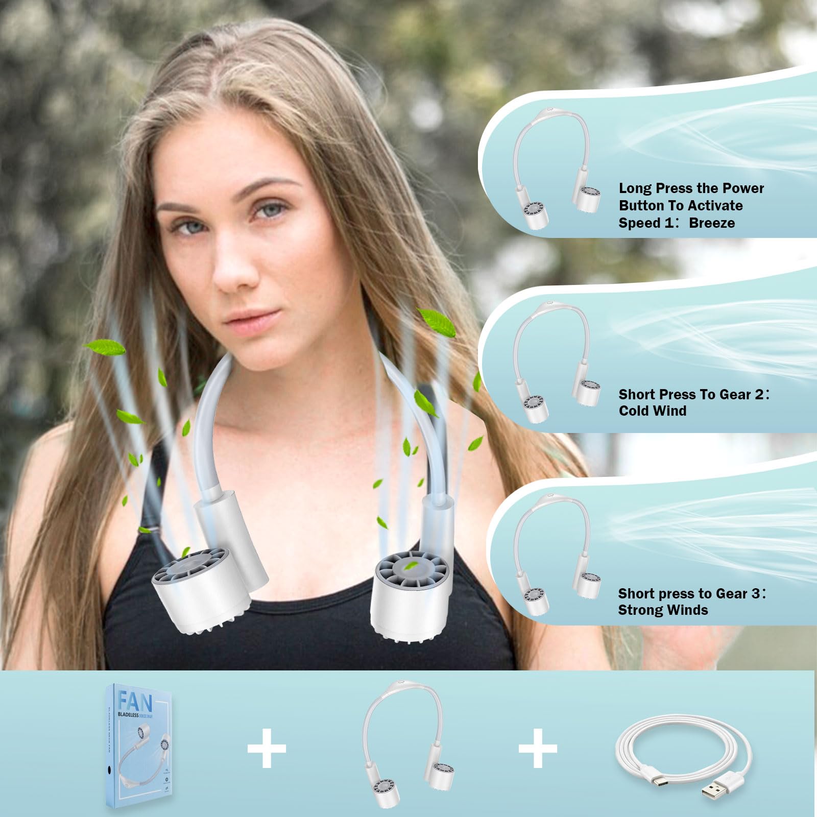 Neck Fan, Usb Rechargeable Personal Fan, Powered By 2400Mah Battery, 3-Speed Adjustable, Faster Cool