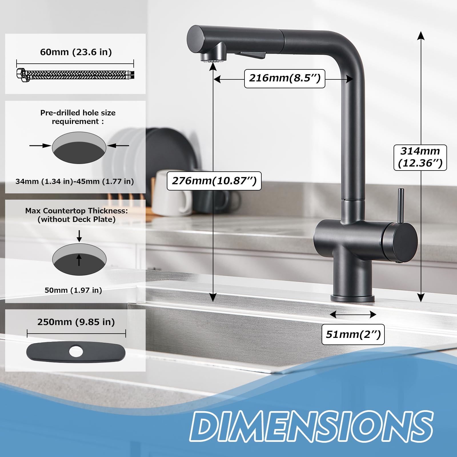 Aktines Matte Black Kitchen Faucet With 2 Function Pull Down Sprayer, Stainless Steel Kitchen Sink Faucet With Deck Plate, Fits 1 Or 3 Hole Sinks For Kitchen, Bar, Rv