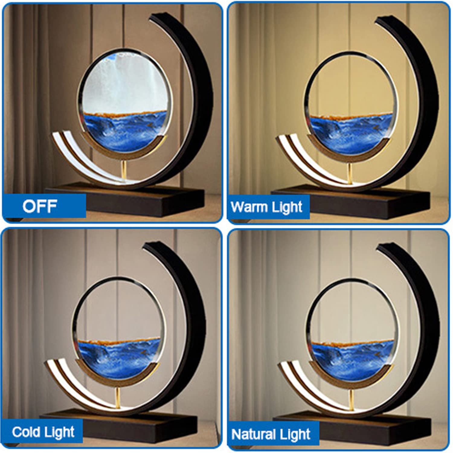 Heuanpte Moving Sand Art Table Lamp - 3D Round Picture With 3 Colors And Stand - Relaxing Desktop Home Office Decor