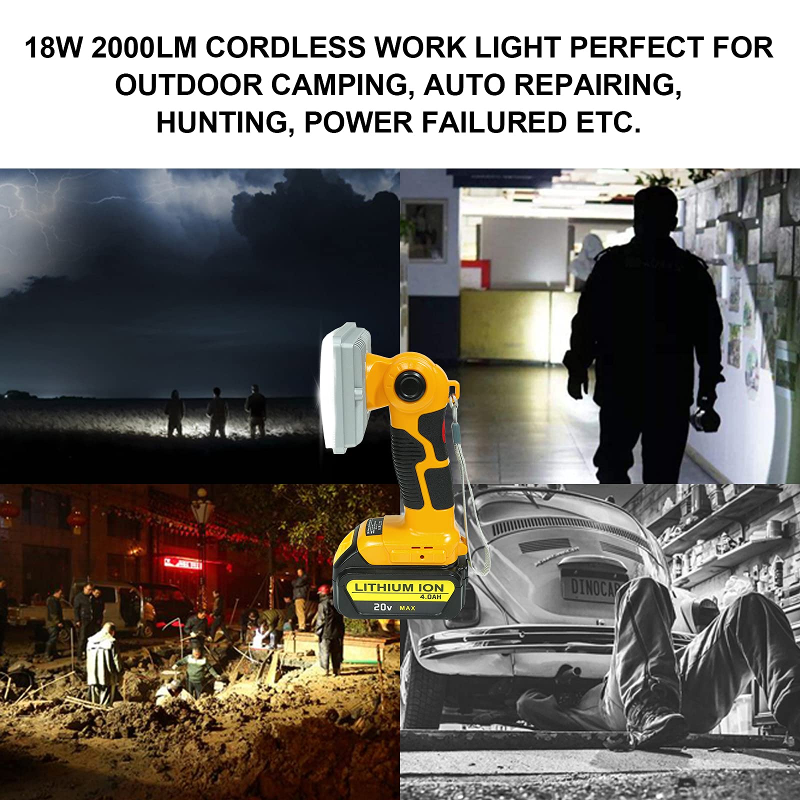 Hiesuan Flashlight For Dewalt 20V Battery, 20V Work Light, 18W 2000Lm Portable Floodlights And Spotlight With Usb Charging Port For Repairing, Garage, Camping, Jobsite