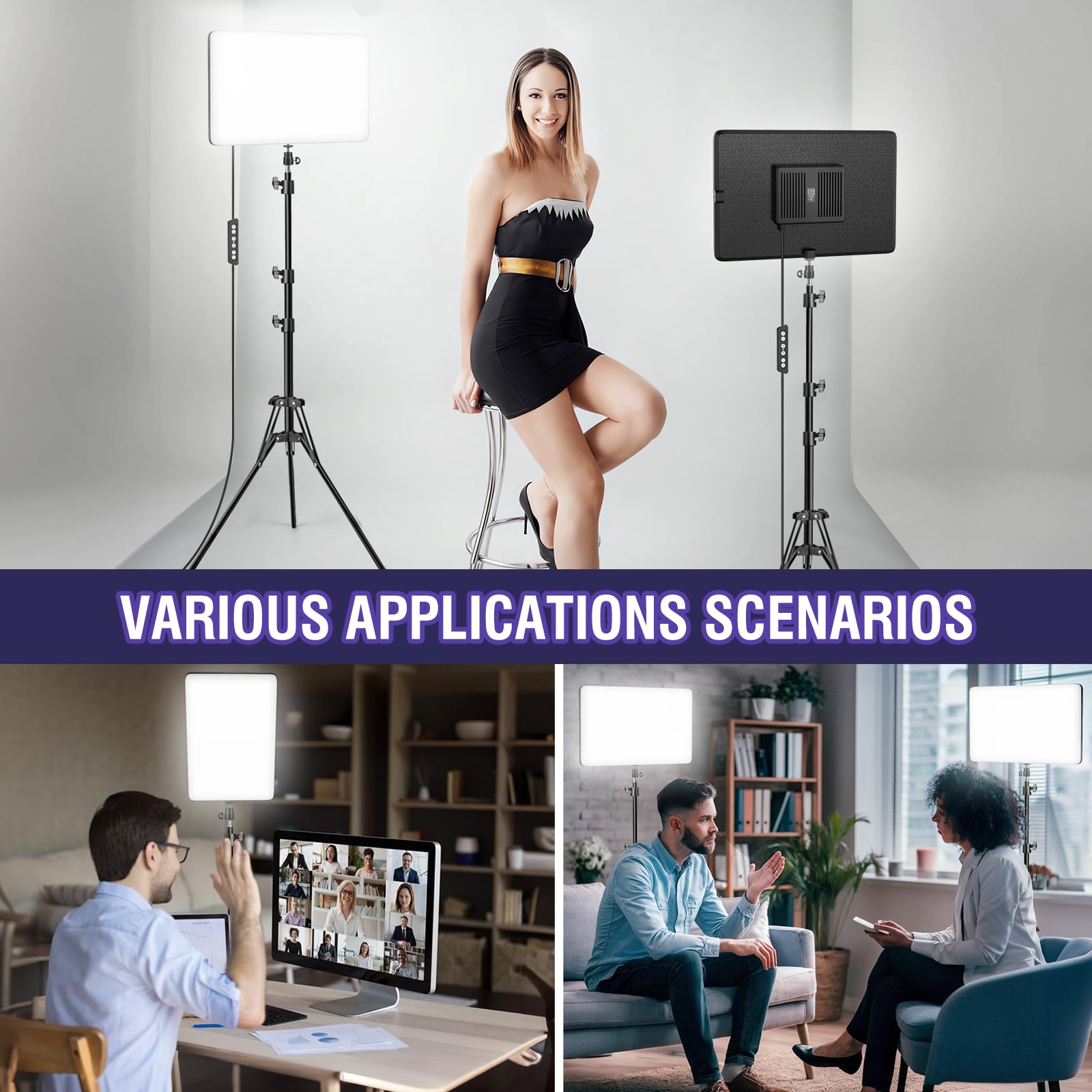 Icceue 2-Pack Led Video Light Kit With 63'' Tripod Stand, 2500K-8500K Dimmable Studio Light Photography Panel Lighting For Video Recording Game Live Streaming Podcast Youtube Filming, Phone Holder