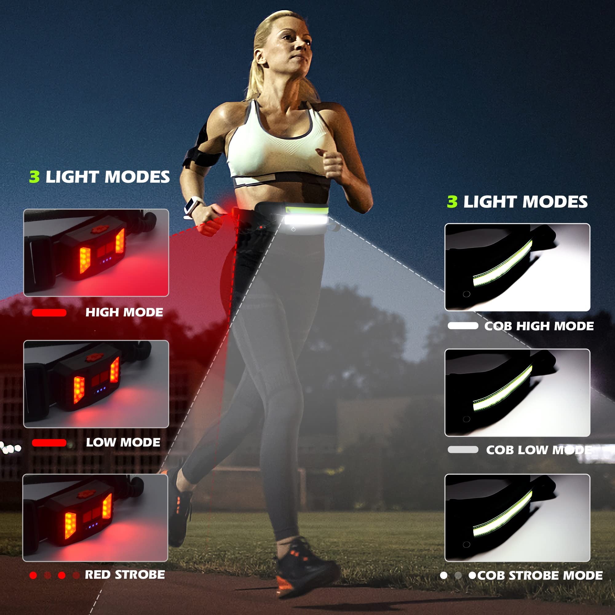 Hopedone Running Light, 230°Wide-Angle 1000Lumens Night Running Light On Running Waist Belt Rechargeable Running Safety Lights With Adjustable Large Pocket Fanny Packet For Runners Jogging (Black)