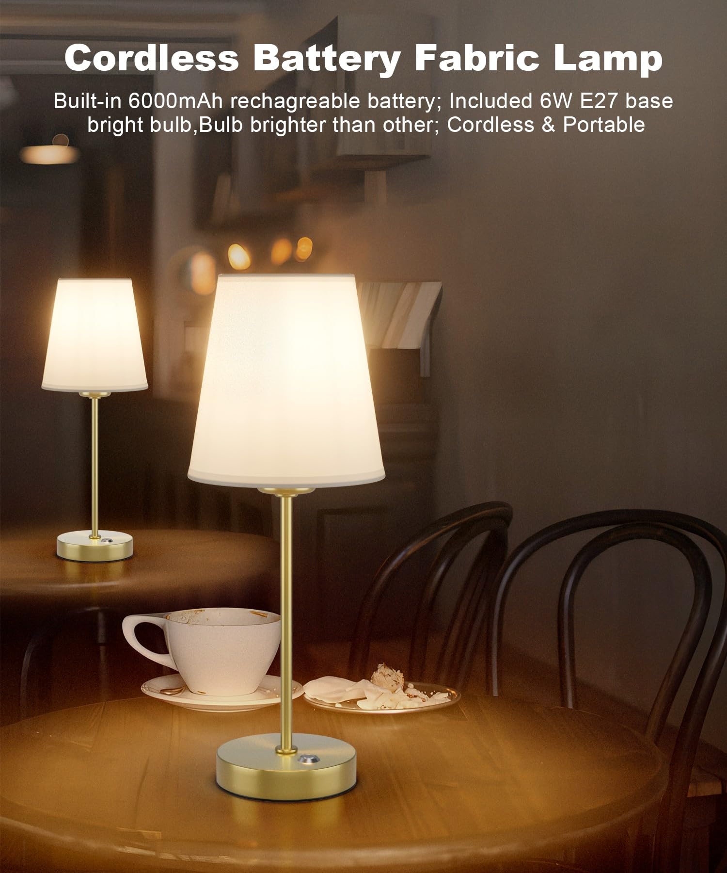 Irotine 1 Pack Gold Cordless Table Lamp Rechargeable Battery Powered 6000Mah Led Fabric Table Lamp With 6W Bulb And Dimmer,Dimmable Bedside Night Lamp,Patio Table Lamp,Ambient Light For Restaurant