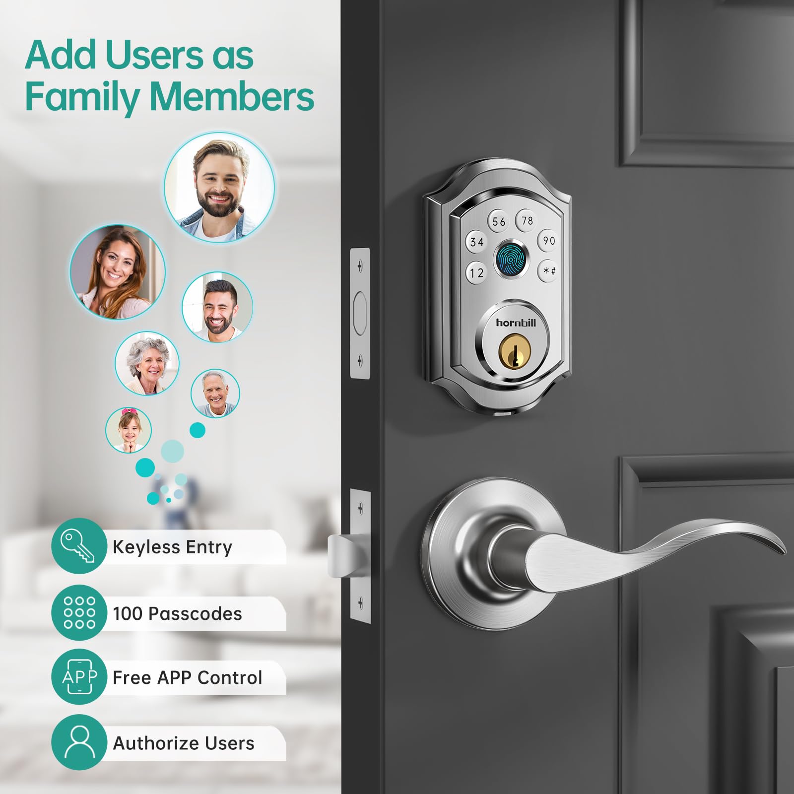 Hornbill Keyless Entry Door Lock: Silver Smart Front Door Lock With Fingerprint Electronic Digital Bluetooth Deadbolt Door Lock With Keypad Code App Alexa Auto Lock For House Apartment, A5-Sbft-H