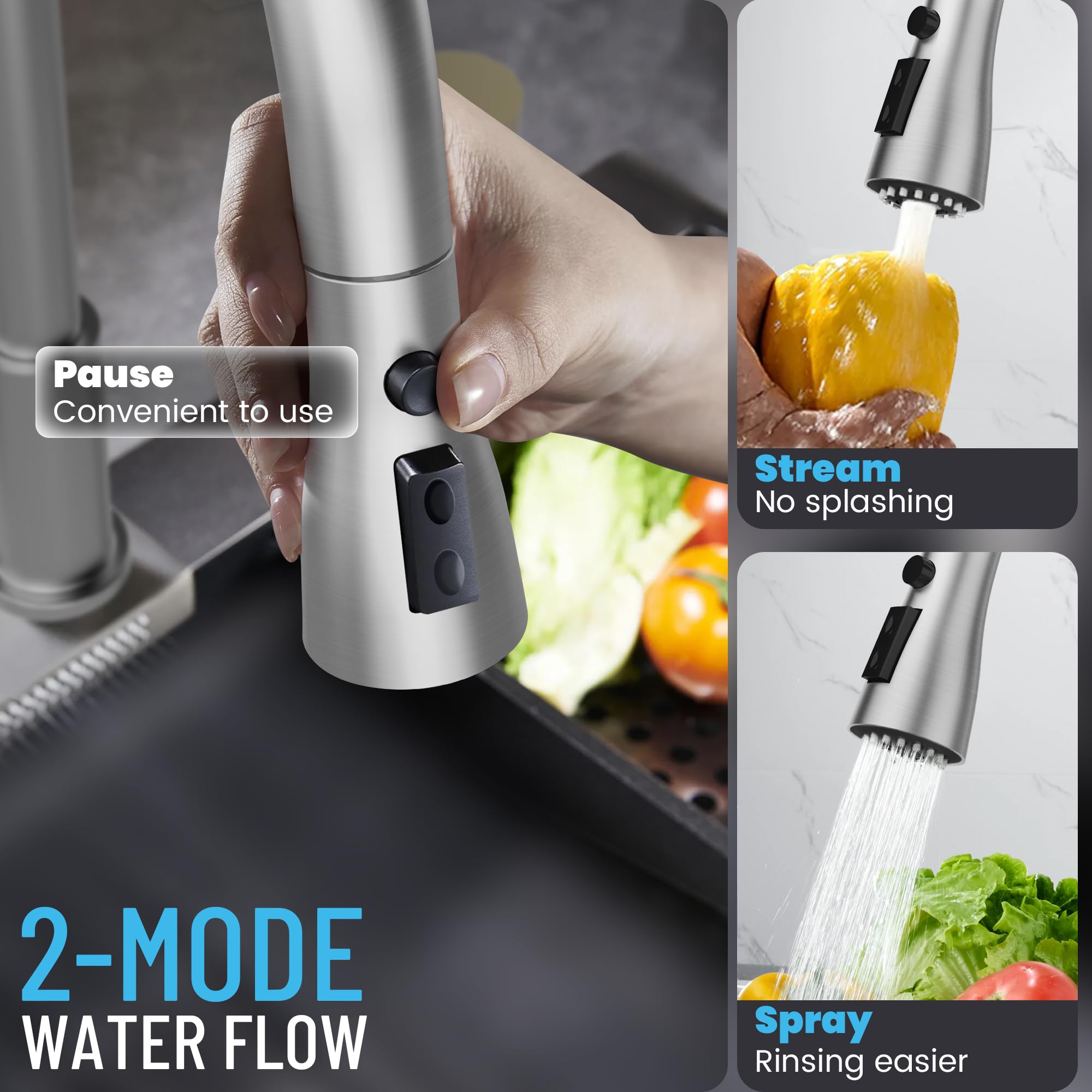 Fropo 3 Hole Kitchen Faucets, Brushed Nickel Kitchen Faucet With Soap Dispenser, Kitchen Faucets With Pull Down Sprayer And Single Side Handle 3 Pieces, Stainless Steel High Arc Kitchen Sink Faucet