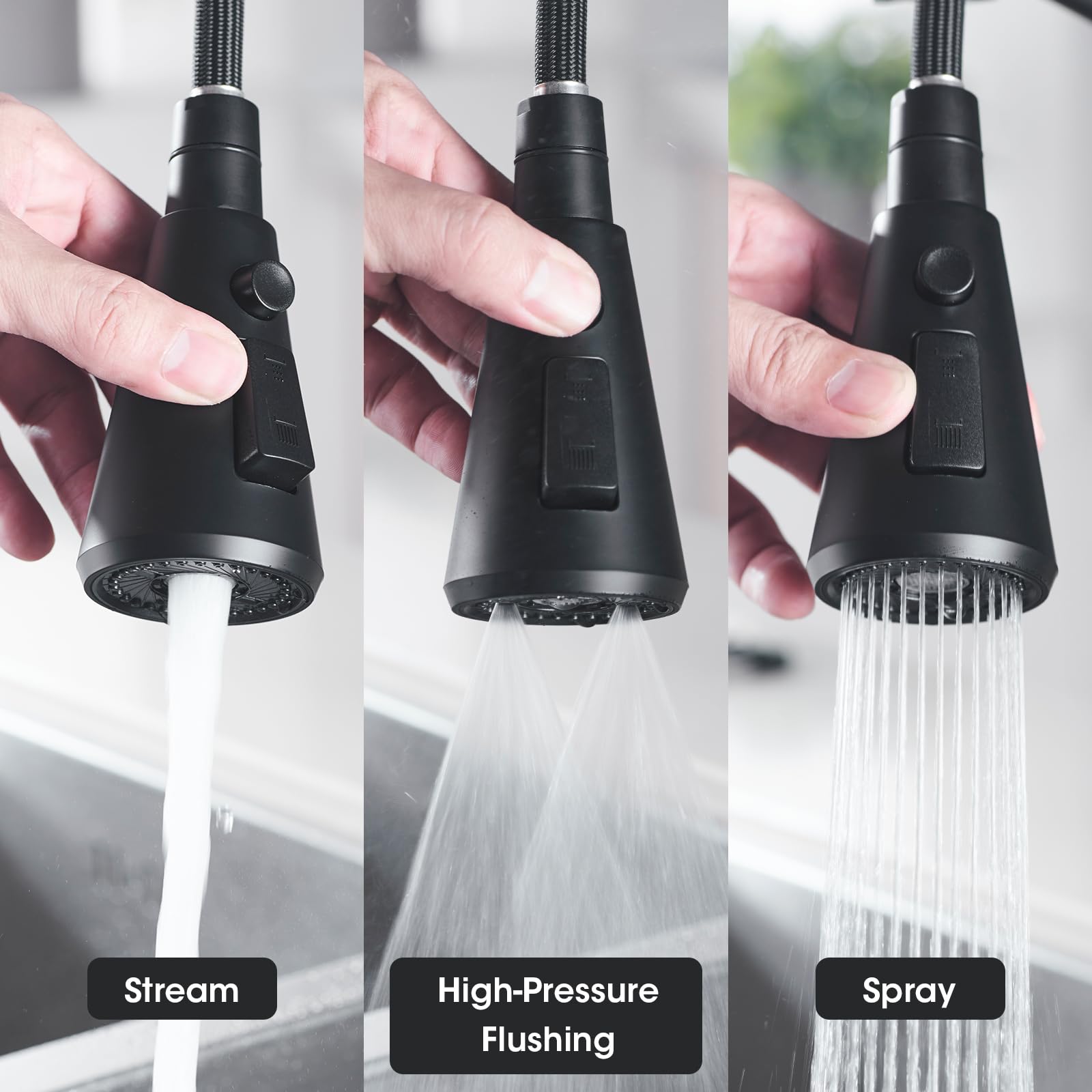 Clovermap Pull Down Kitchen Faucet Sprayer Head Replacement, 3 Mode Kitchen Tap Spray Spout Part Connector, Matte Black Pull Out Sink Spray Nozzle With 9 Adapters