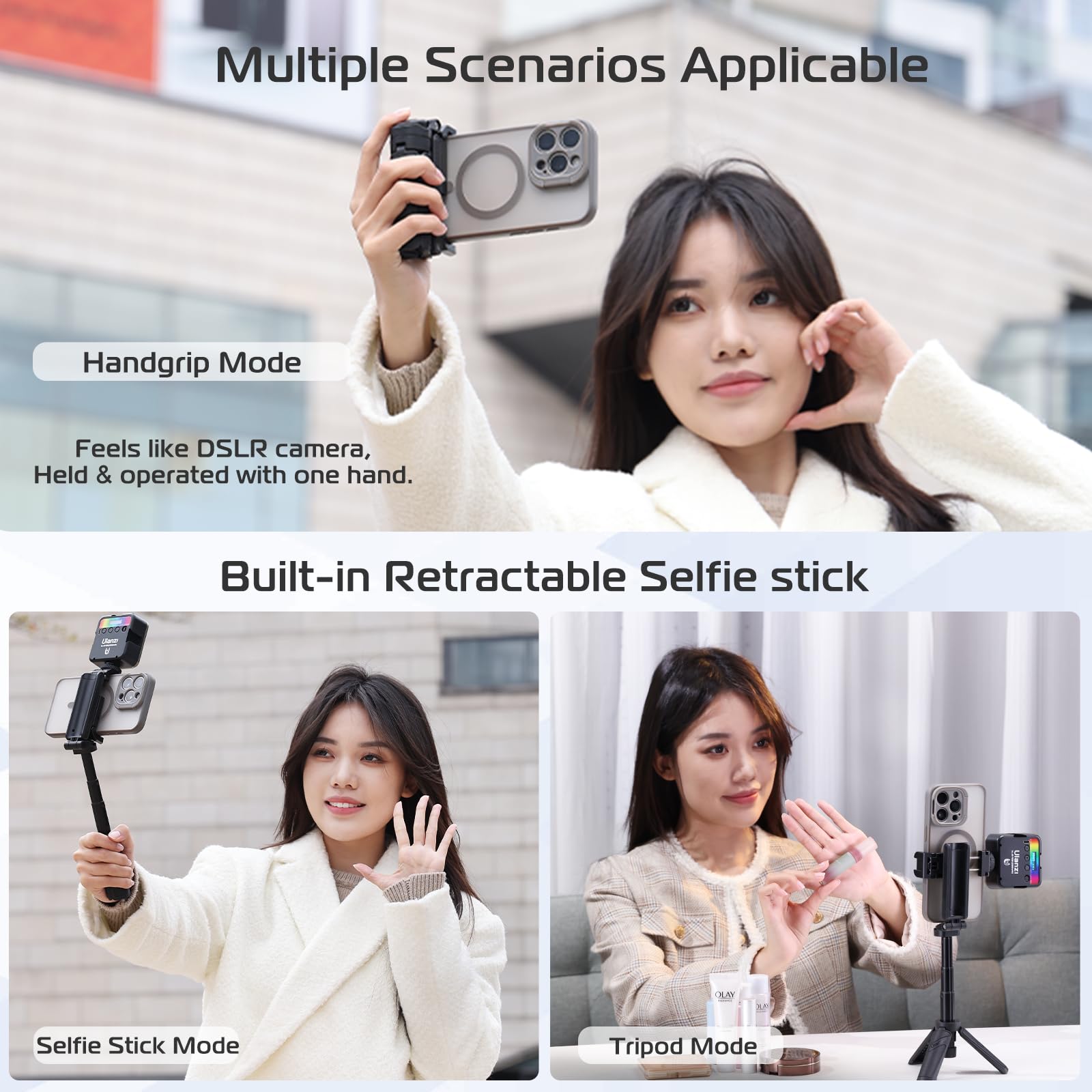 Ulanzi Jj02 Selfie Stick Tripod, Extendable Grip Phone Tripod With Detachable Remote Pocket Size, 3-In-1 Mini Phone Grip 2 Cold Shoe, 10M/393.7'' Wireless Shutter, Vlog Livestreaming Photography