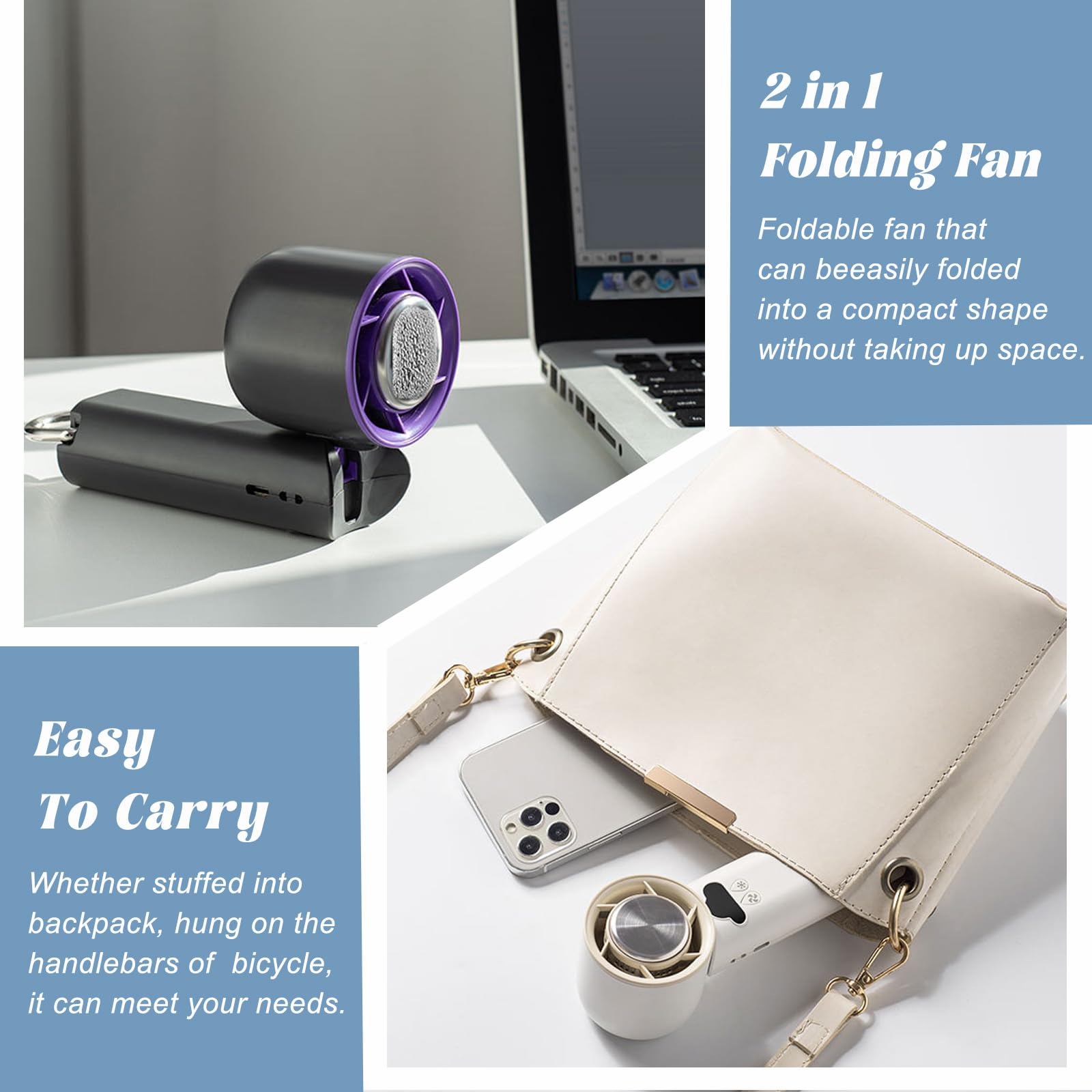 Portable Handheld Fan, High-Speed 2 In 1 Folding Fan, Small Rechargeable Fans With Handheld