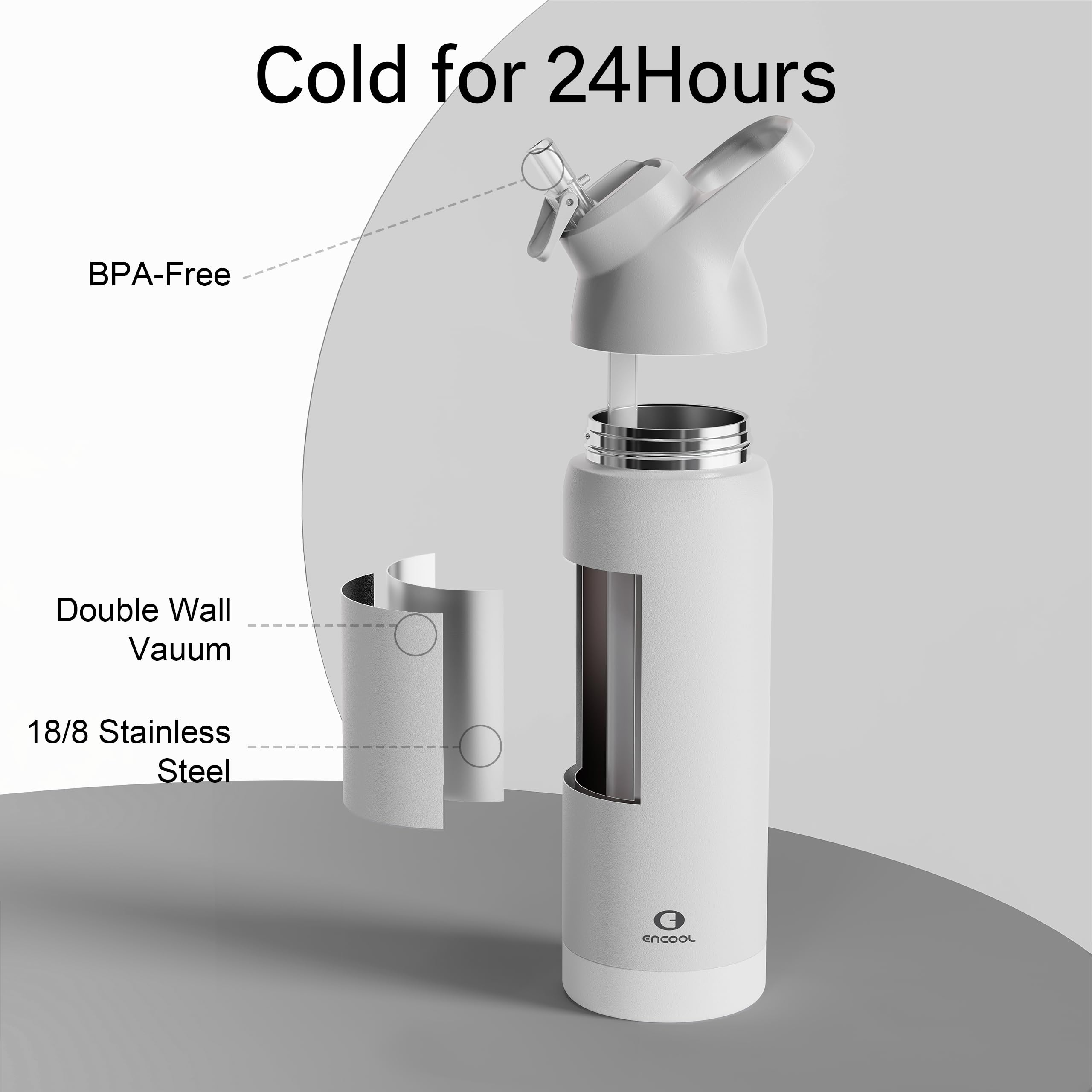 Insulated Water Bottle With Straw - Encool Stainless Steel Water Bottle, Reusable Leak Proof