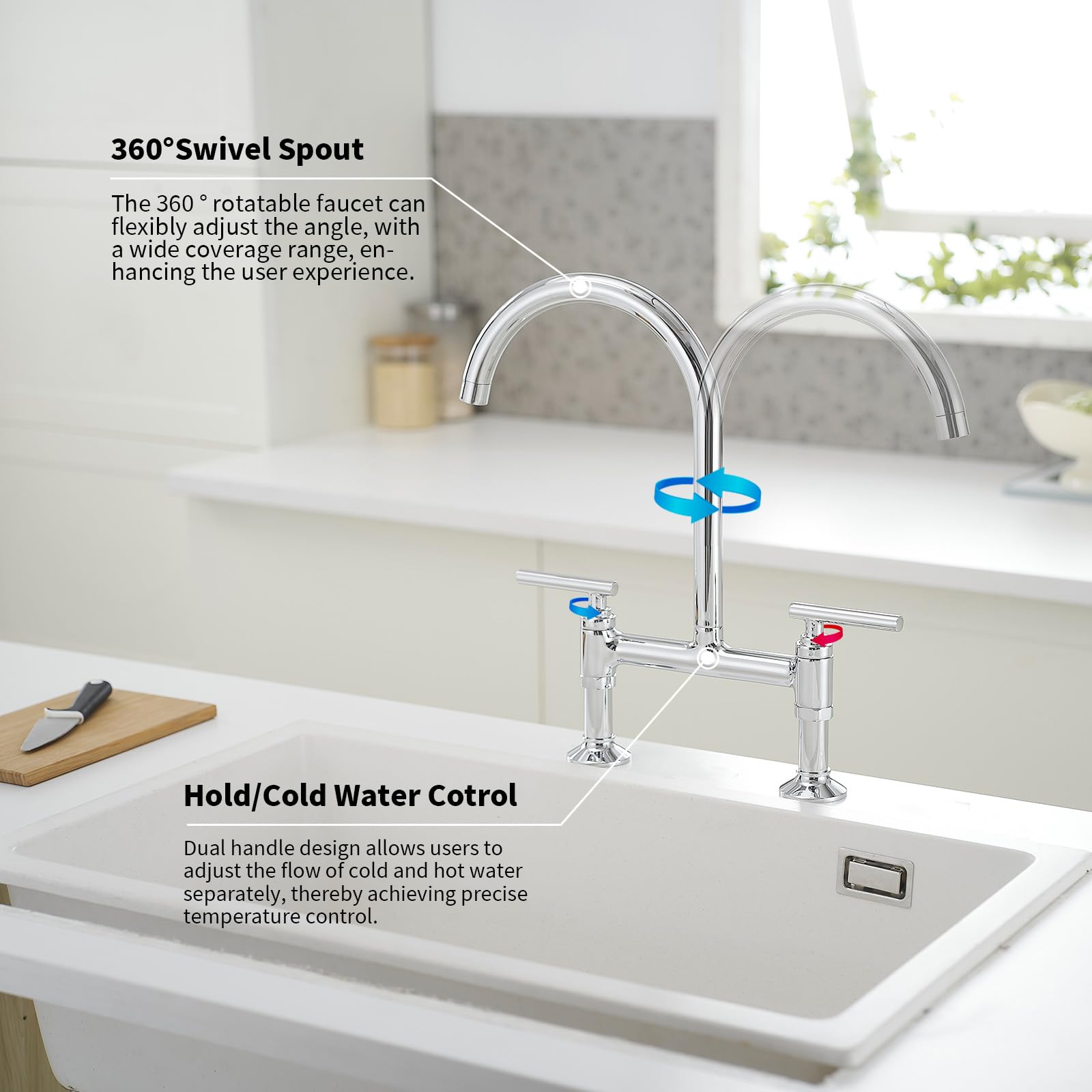 Bwe Chrome Bridge Kitchen Faucet,Two Handle Brass Faucet For Kitchen Sink 2 Holes,8 Inch Centerset Kitchen Sink Faucet With 360° Swivel Spout,High Arc Vintage Tap Deck Mounted