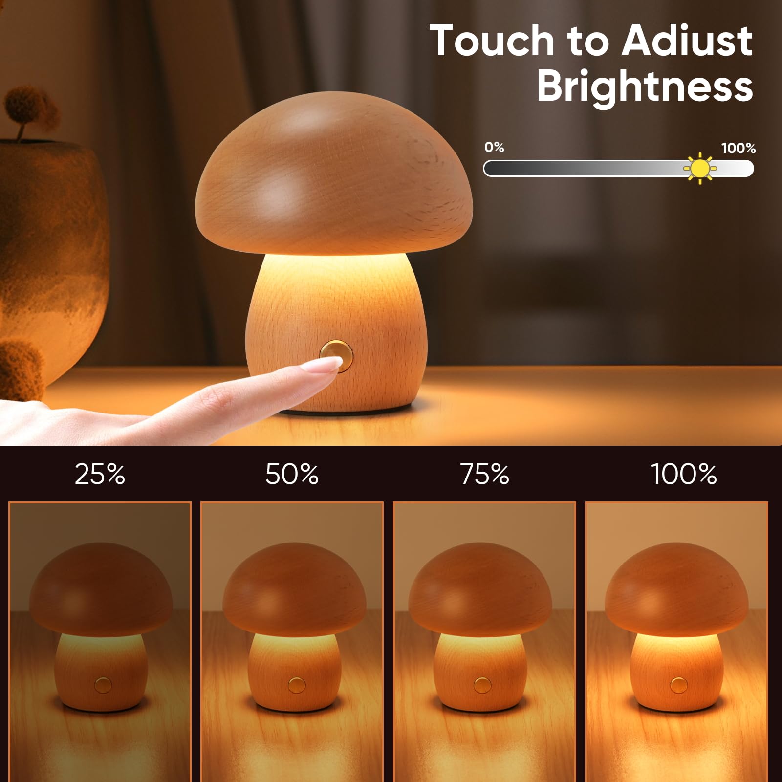 Yieonshion Led Creative Wooden Mushroom Lamp Desk Lamp, Creative Home Decoration Bedroom Bedside Night Light Dimmable, Unique And Minimalist For Girls