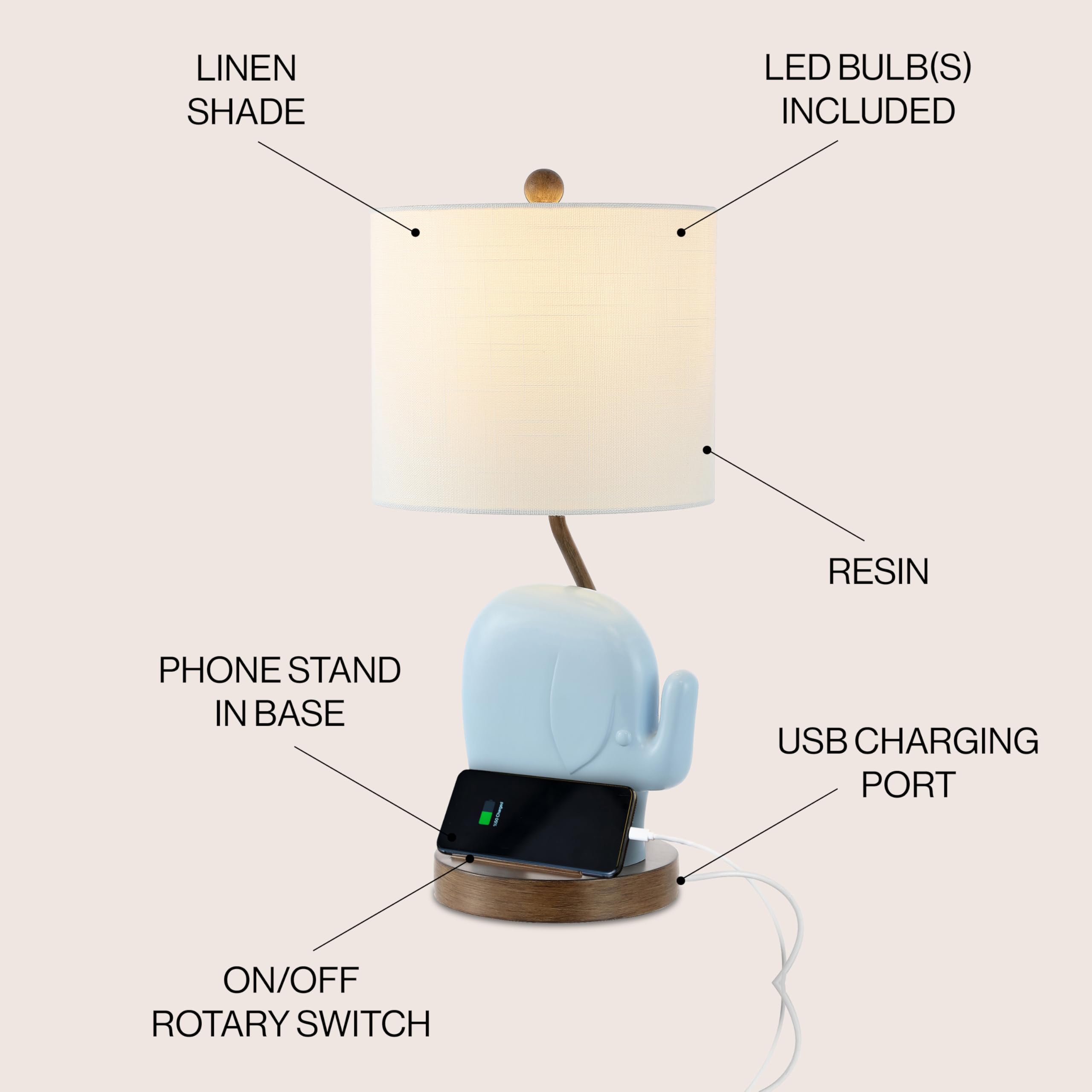 Jonathan Y Jyl6312C Ellie 20.25" Bohemian Designer Iron/Resin Elephant Led Kids Table Lamp With Phone Stand And Usb Charging Port Minimalist, Style, Contemporary, Living Room, Bedroom, Blue