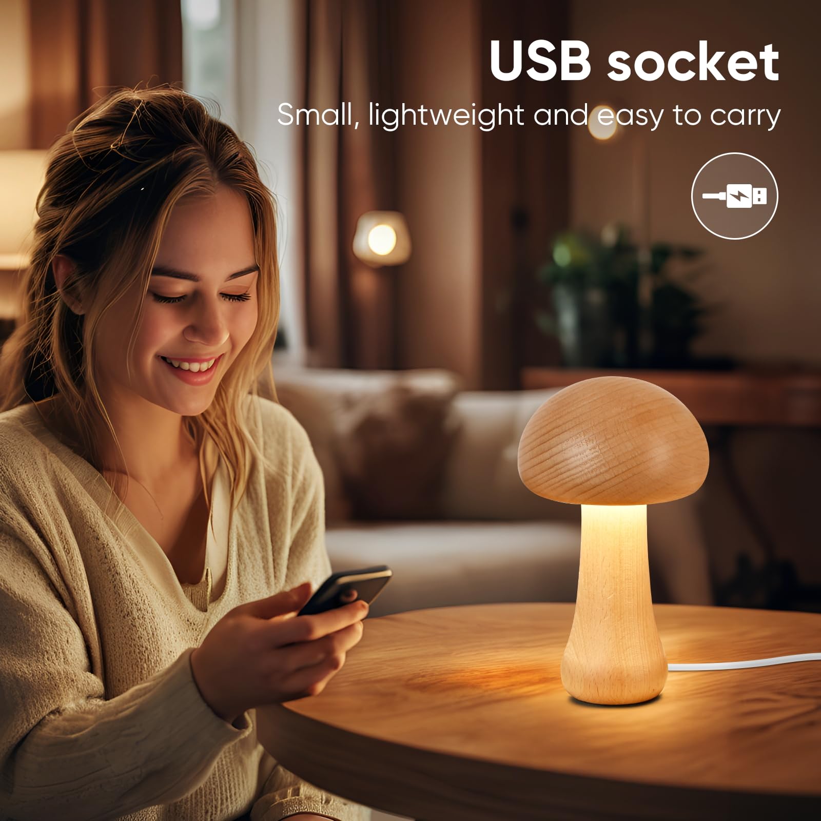 Lonrisway Led Creative Mushroom Table Lamp, Wood Desk Lamp, Bedroom Bedside Night Light, Dimmable Led Lighting, Creative Home Decor Table Lamp, Unique House Warmging