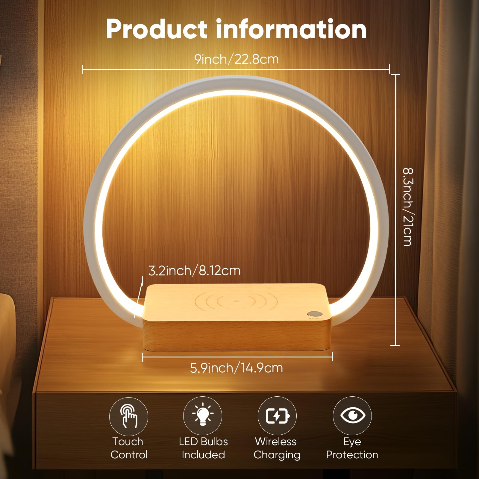 Lonrisway Wireless Charging Bedside Lamp,Premium Wooden Nightstand Light For Bedroom,Nursery Touch-Control Desk Lamp,Ideal Choice,Stepless Dimming& 3 Color Temps