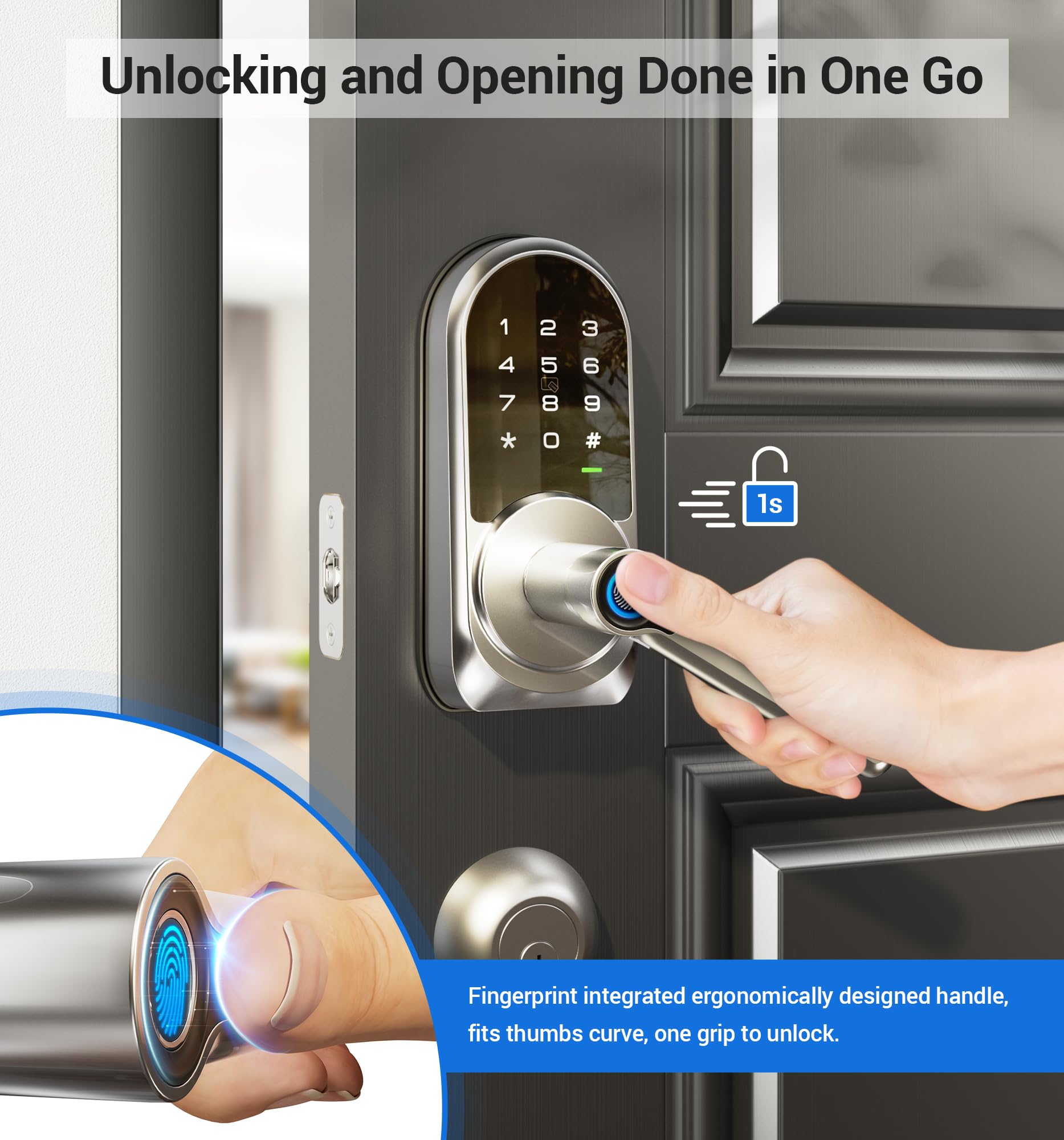 Veise Rz09 Smart Lock, 7-In-1 Keyless Entry With Handle Set, App Control Fingerprint Deadbolt For Front Door, Electronic Digital Locks With Keypad, Satin Nickel