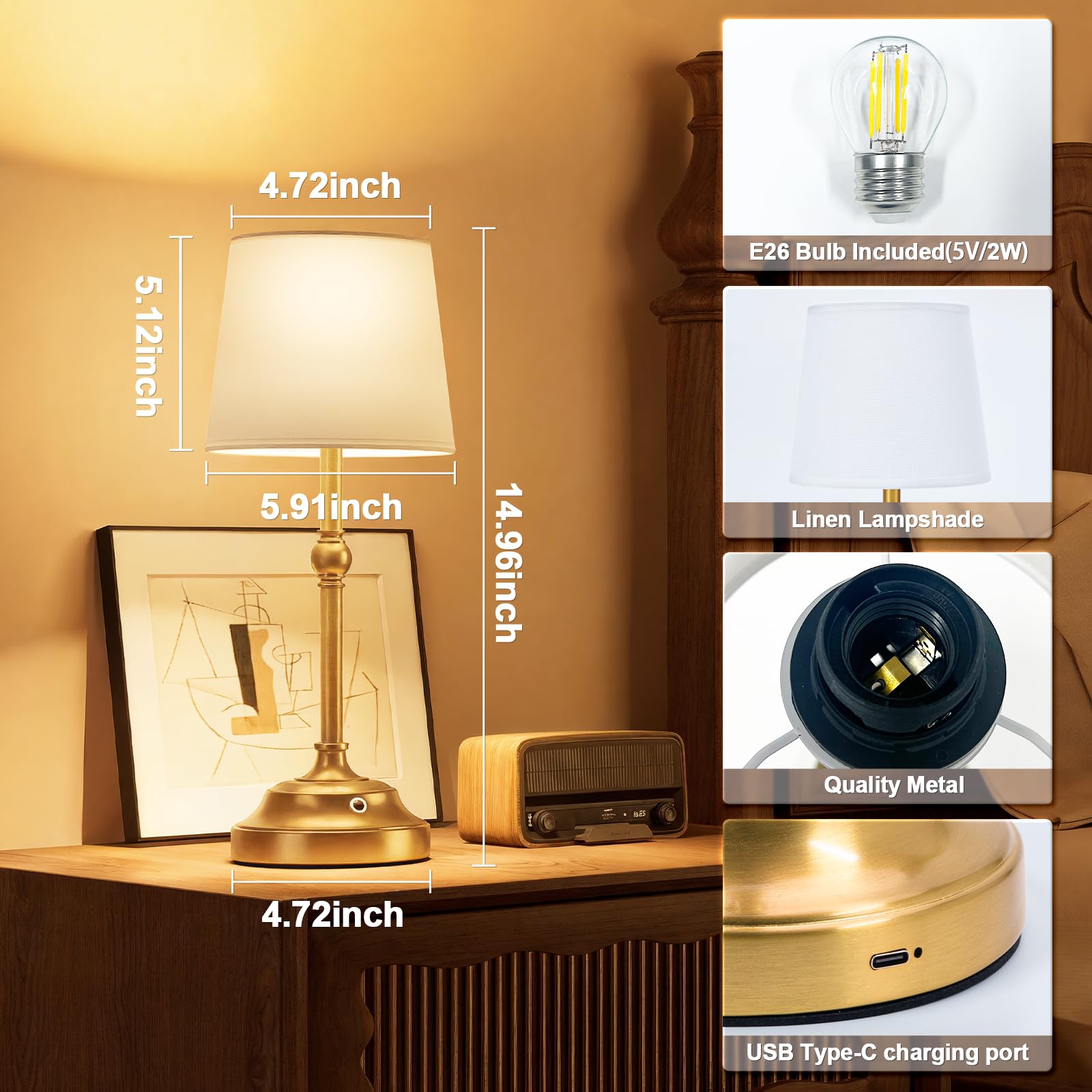 Volisun Cordless Table Lamp, 2 Pack 5200Mah Battery Operated Lamp, Touch Dimmable Wireless Lamp Bedside Light For Bedroom, Living Room, Dining Room (Gold)