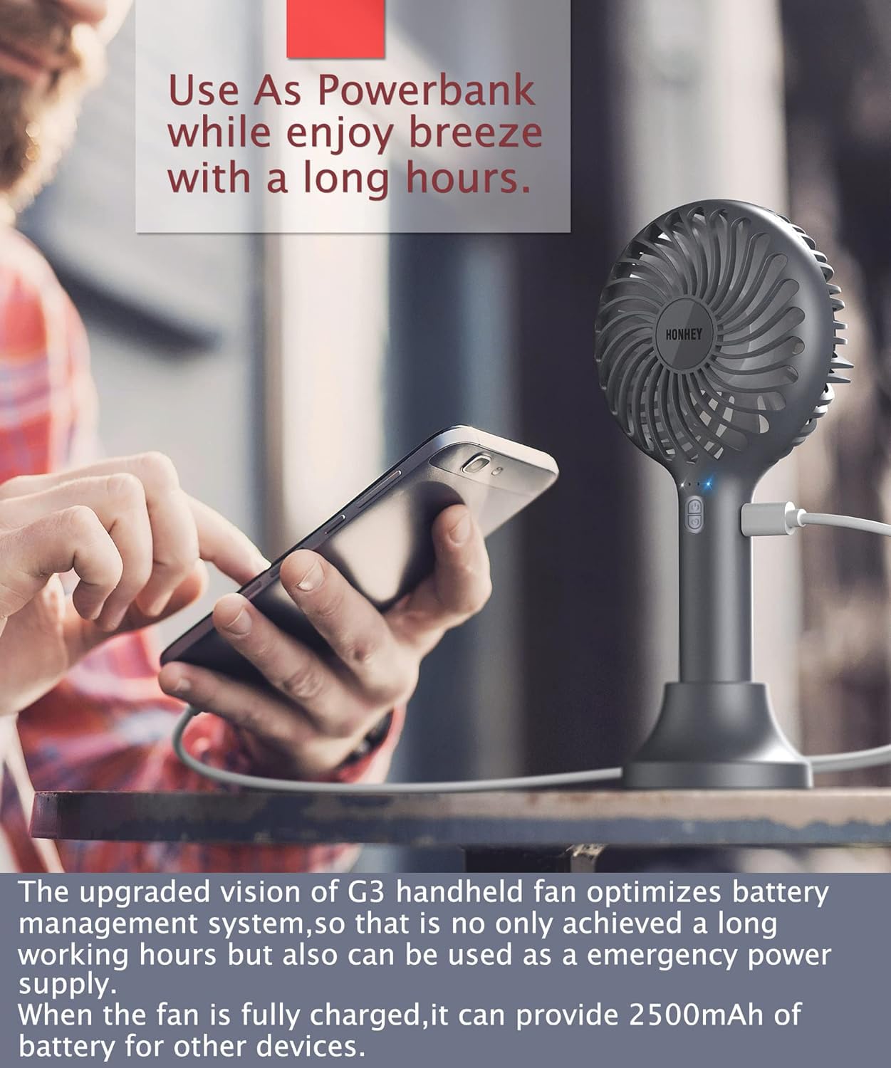 Honhey Handheld Fan, 5000 Mah Portable Fan[8-25H Working Time] With Rechargeable Battery, 4 Speed