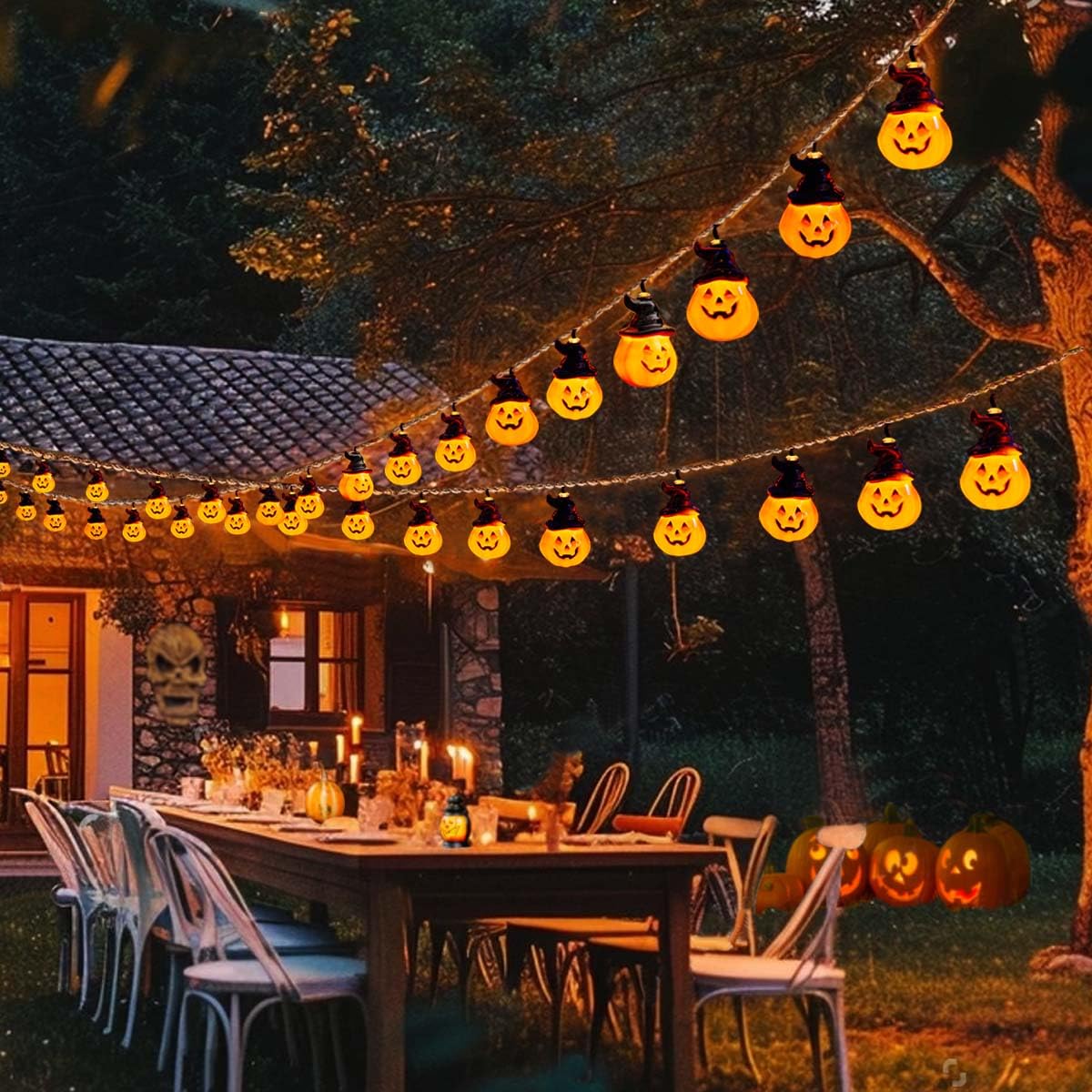 Ruexig Solar Pumpkin String Lights - 30 Led Spooky Outdoor Halloween Yard Decor For Porch & Camper Party