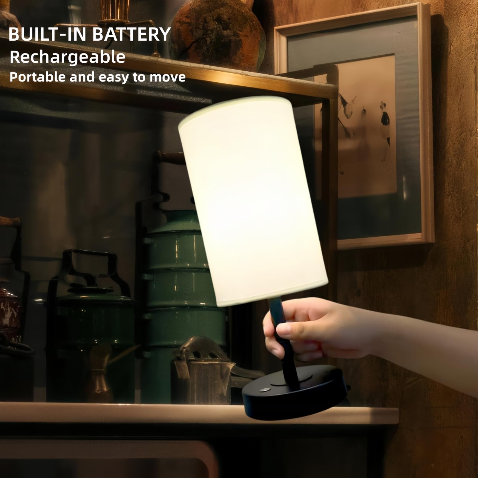 Madckdedrt Cordless Led Table Lamp With Dimmer,Built-In Rechargeable Battery,Fabric Shade,Stepless Dimming,Suitable For Bedroom, Living Room, Dining Room, Patio Lighting,Black