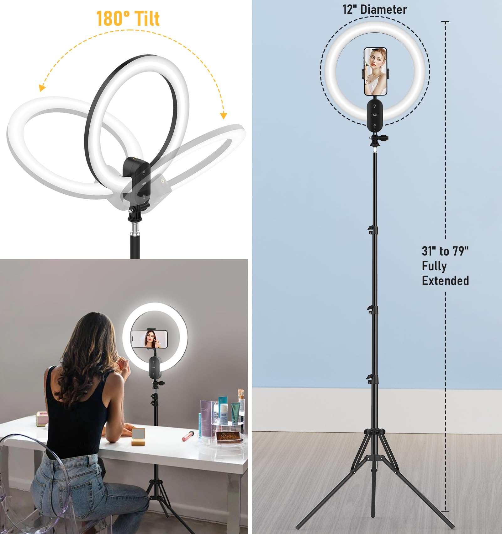 Kmasic 12 Inch Ring Light 2800Mah Rechargeable, Led Circle Selfie Ringlight Cordless With 63" Tripod Stand/Phone Holder/Remote For Live Stream/Makeup/Video Recording/Tiktok/Youtube/Podcasting/Vlogging
