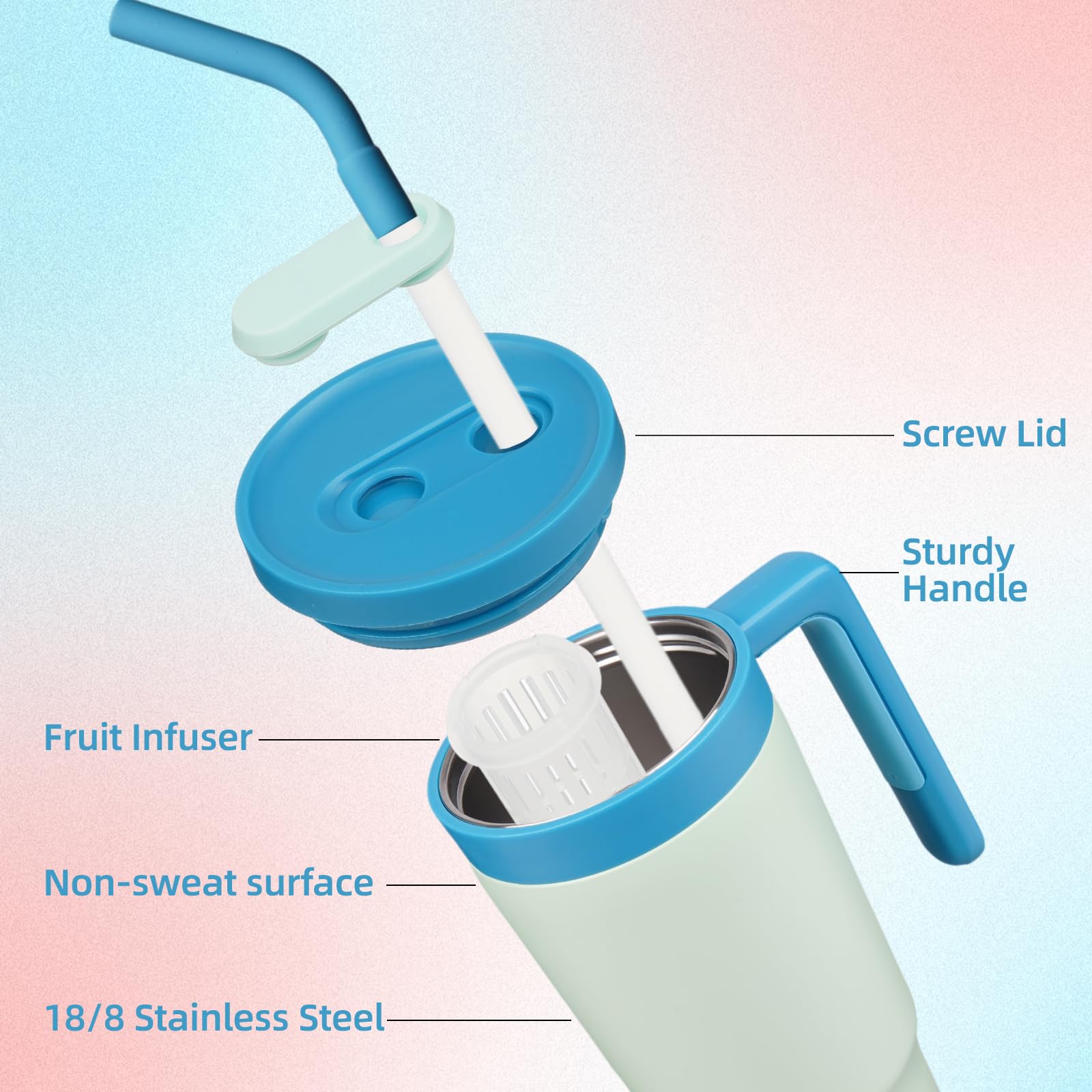 Insulated Tumbler With Handle And Straw,40 Oz Vacuum Stainless Steel Water Bottle Travel Mug Metal