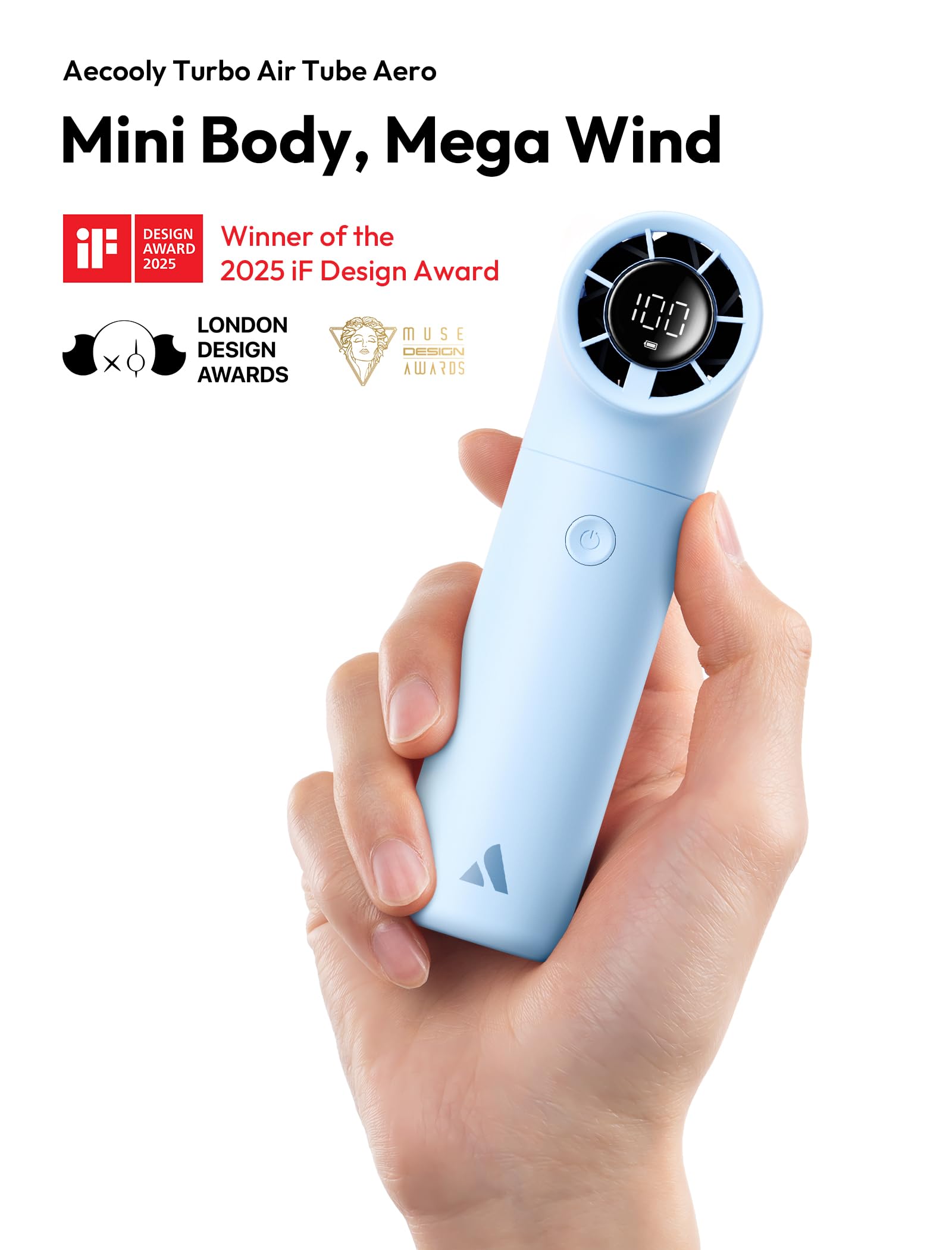 Aecooly portable handheld fan with turbo motor, high-speed airflow for fast cooling and comfort