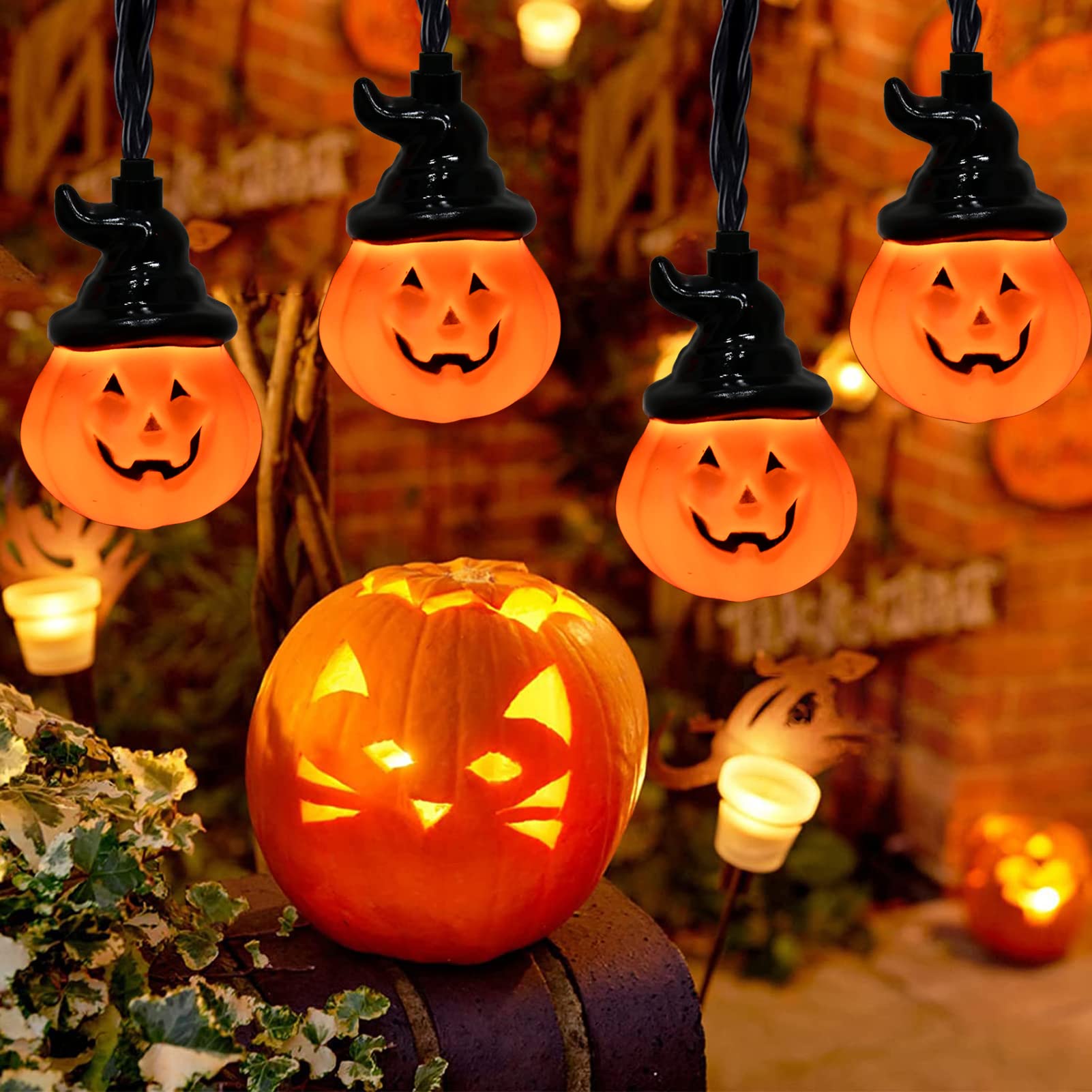 Abeja 8.5Ft Halloween Pumpkin String Lights With Wizard Hat, Decorative Halloween String Lights With10 Pumpkin Lights, Outdoor Pumpkin Lights For Halloween Party Indoor Outdoor Decorations
