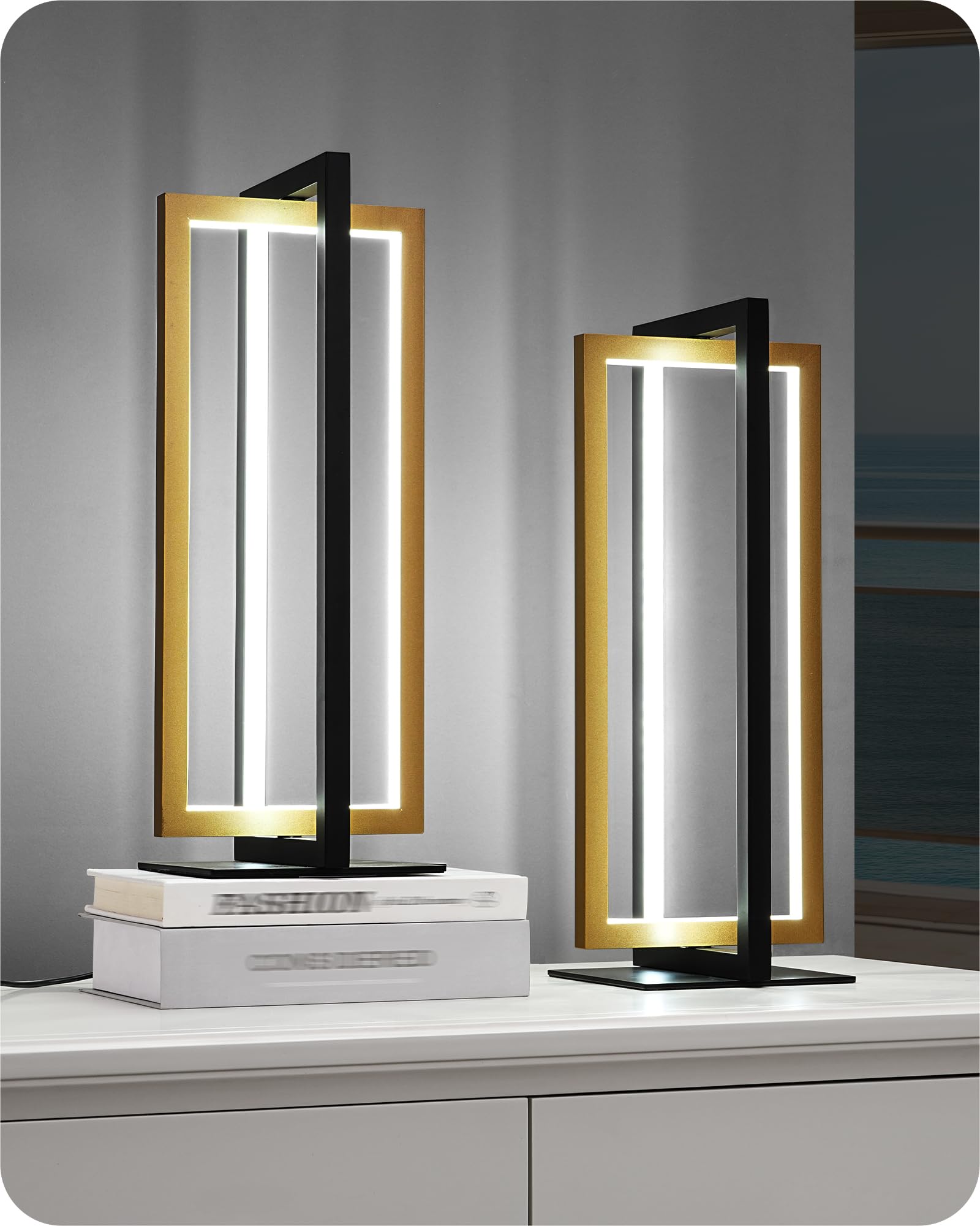 Edishine Led Table Lamp, 3 Color Temperatures Bedside Lamp (3000K 4500K 6000K), Max 750Lm Touch Dimmable Nightstand Lamp For Living Room Bedroom, Angle Adjustable, Dual-Frame Rectangle, 2 Pack