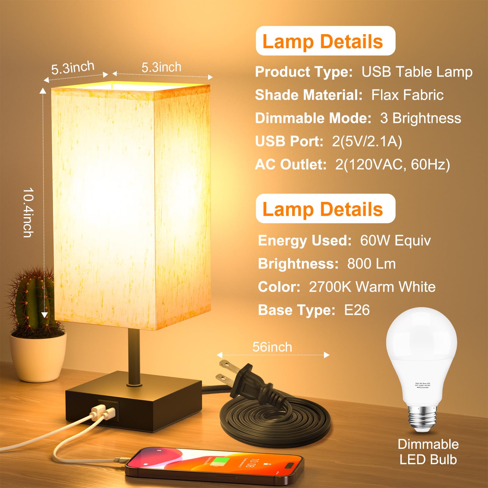Comzler Bedside Lamp, Touch Control Table Lamp For Bedroom, Small Nightstand Lamp With 3 Way Dimmable, Usb-C + A Ports For Bedroom, Home Decor, Living Room, Led Bulbs Included, Fabric Shade