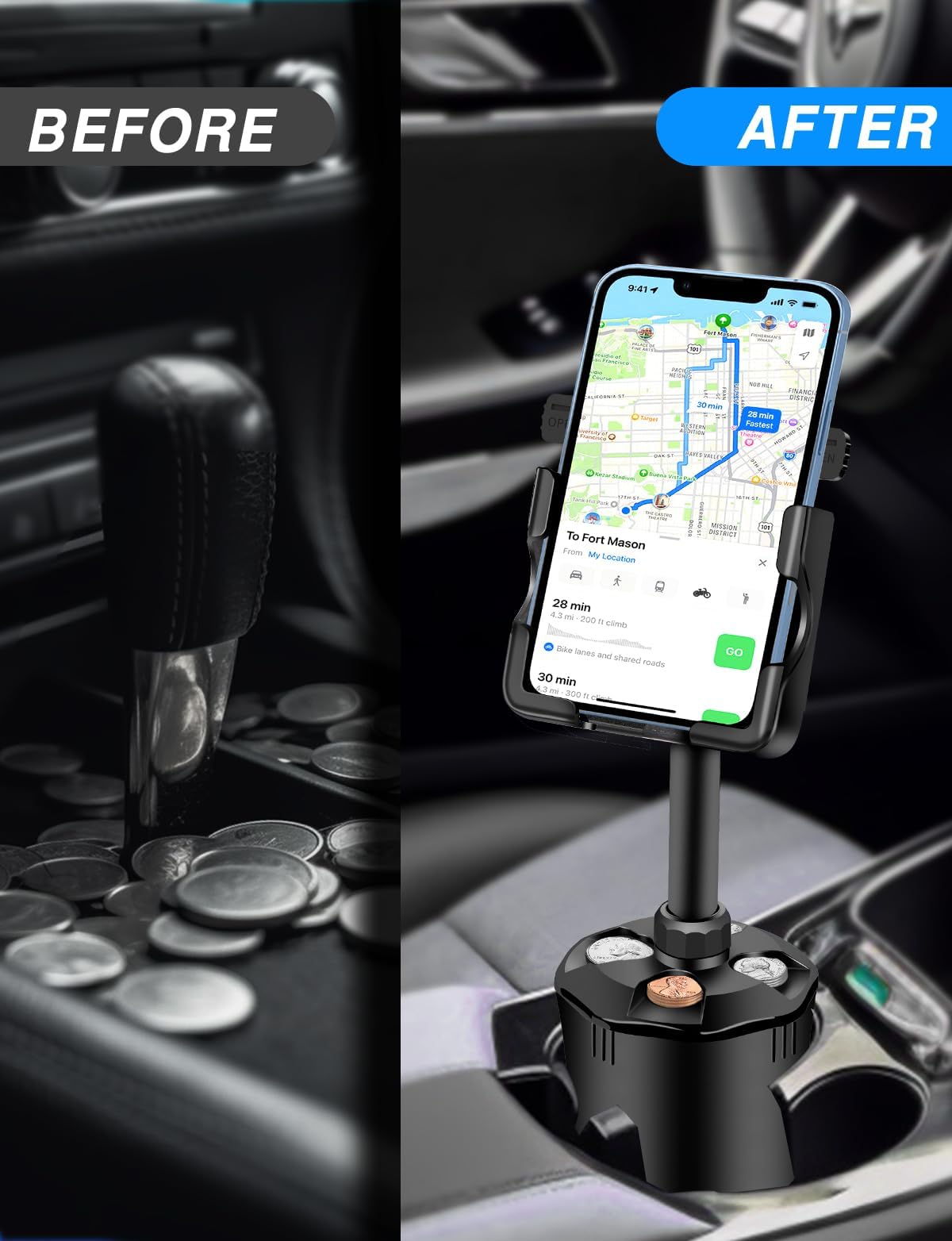 Aoisva Car Cup Holder Phone Mount, Multifunctional Car Cell Phone Holder Coin Holder, Long Arm With 360 Degree Rotation, Compatible Iphone, Samsung & All Smartphones