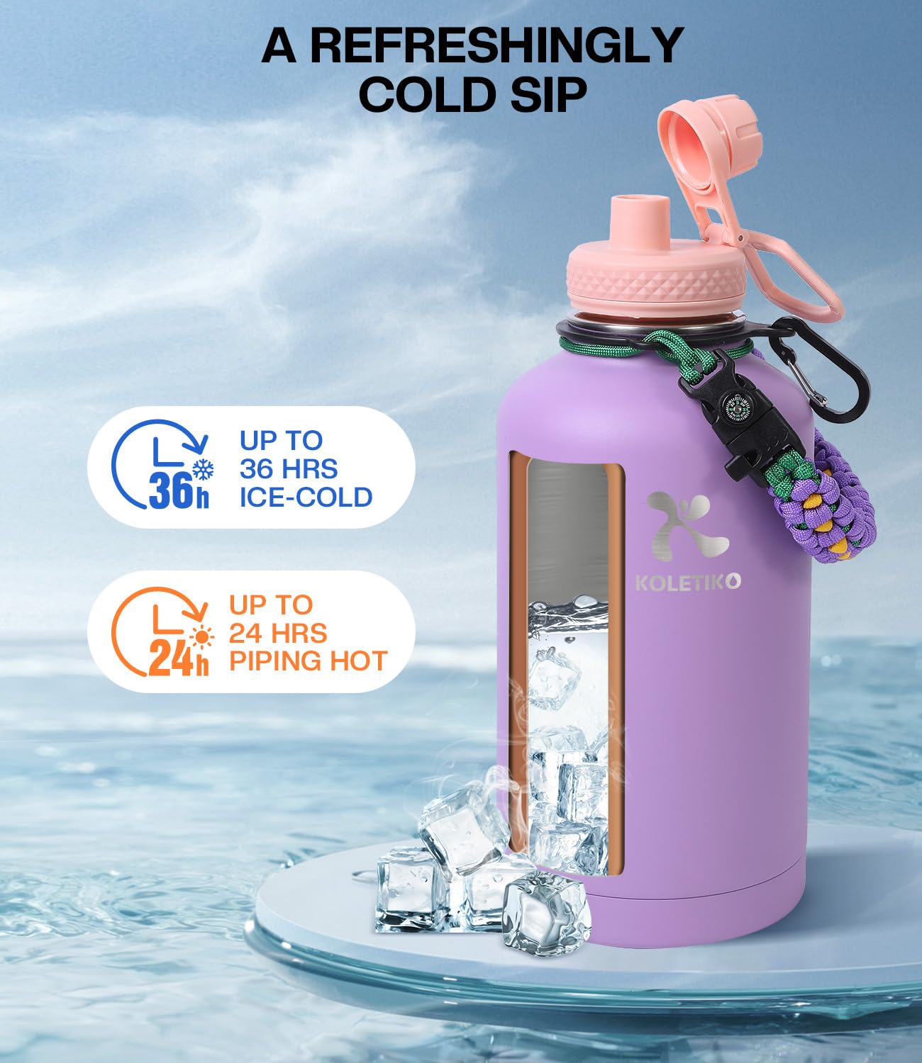 64 Oz Insulated Water Bottle With Straw, Vacuum Cold For 36 Hrs, Non-Bpa & Leak Proof, Half Gallon