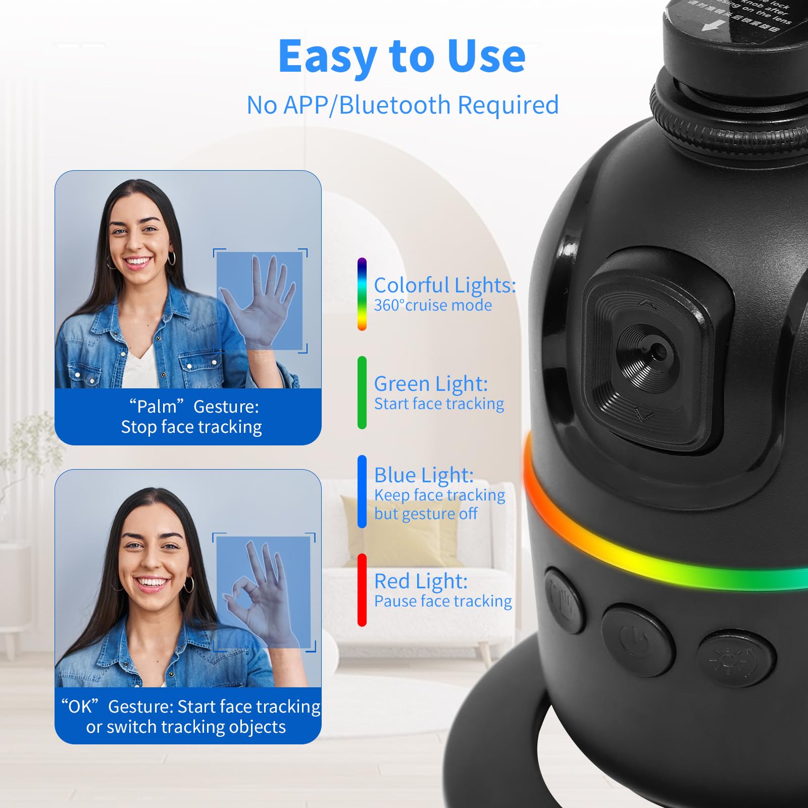 Kozyone Auto Face/Body Tracking Tripod, No App Required, 360° Rotation Phone Holder With Fill Light, Auto Tracking Phone Stand, Smart Gesture Control, For Vlog, Tiktok, Streaming, Zoom