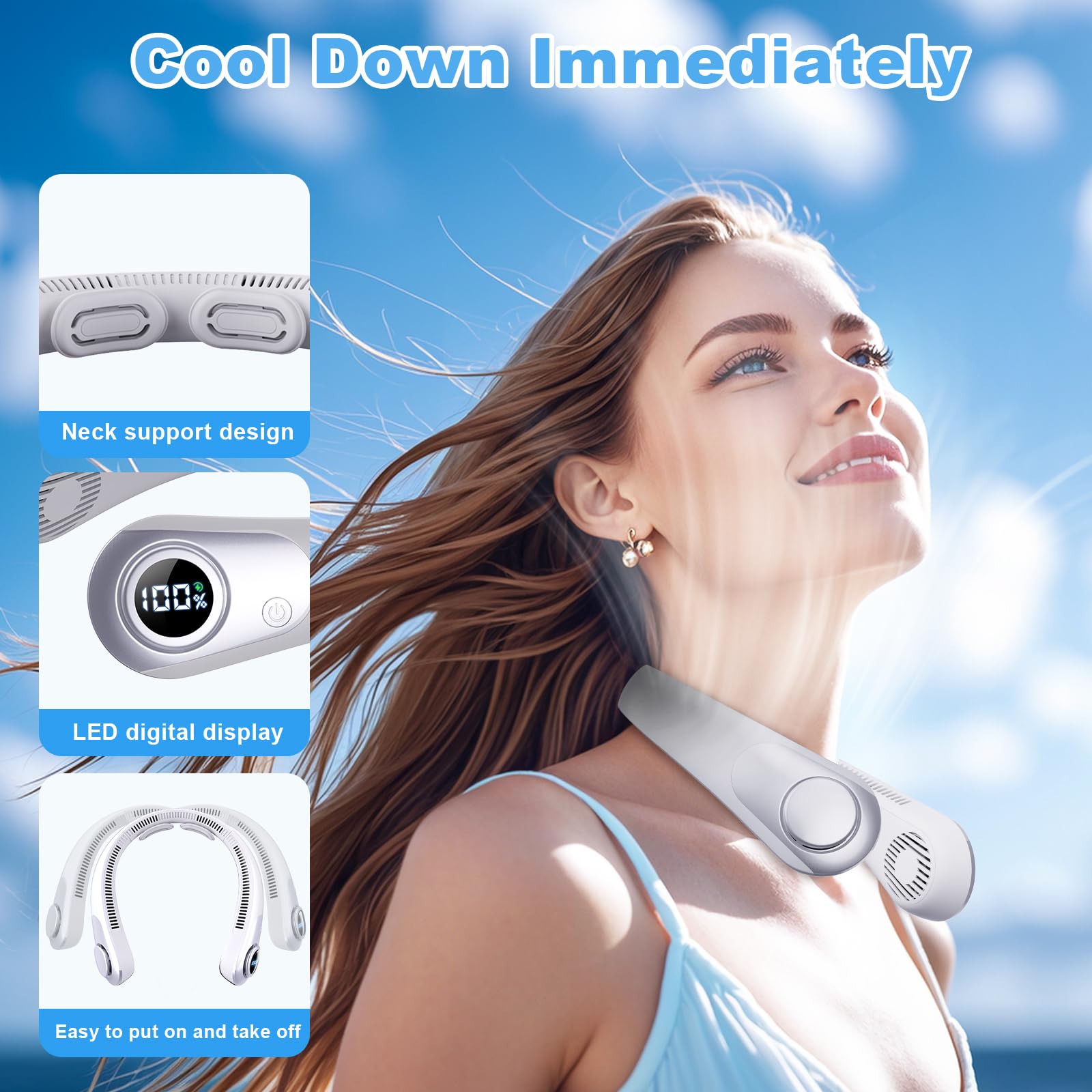 Portable Neck Fan Rechargeable, Bladeless Hands-Free Wearable Personal Fan, Cooling Neck