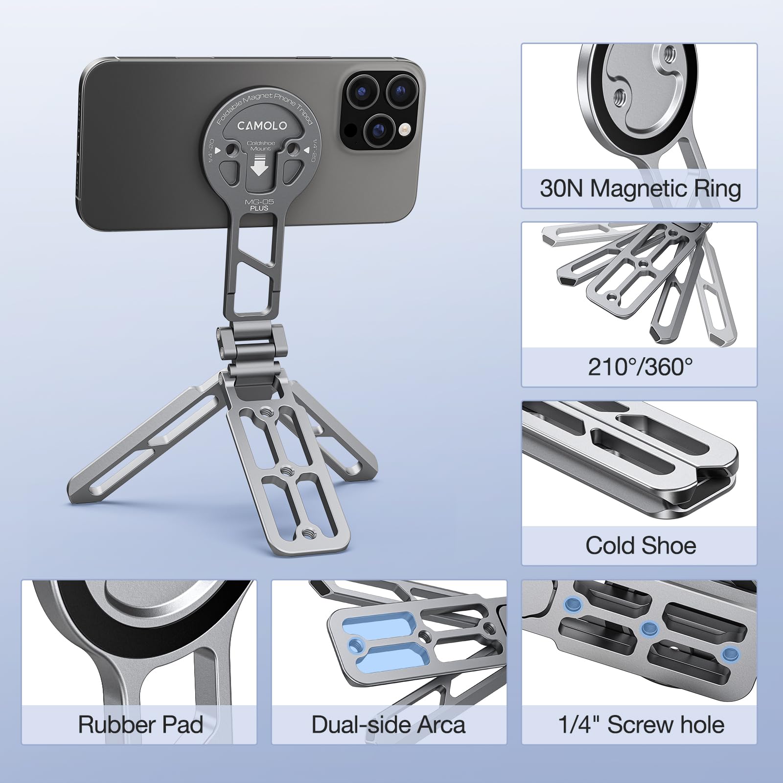 Camolo Geek Magnetic Pocket Phone Tripod Foldable Compatible With Magsafe For Iphone 15/14/13/12 Plus Pro Max Series, Mg-05 Plus Cell Phone Tripod Mount Handle Smartphone Desk Stand Travel All In One