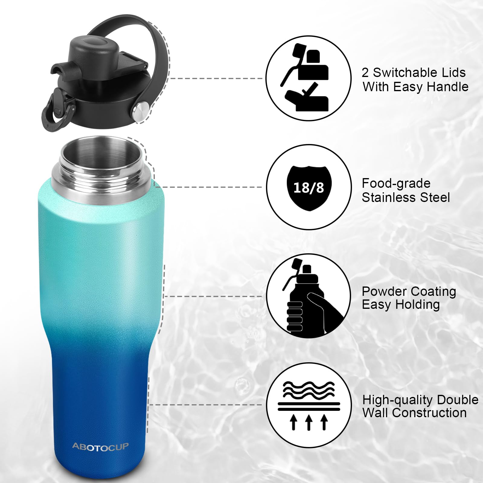 Insulated Water Bottle 32Oz With Straw/Spout Lids, Stainless Steel Water Bottles Keep Cold 24H