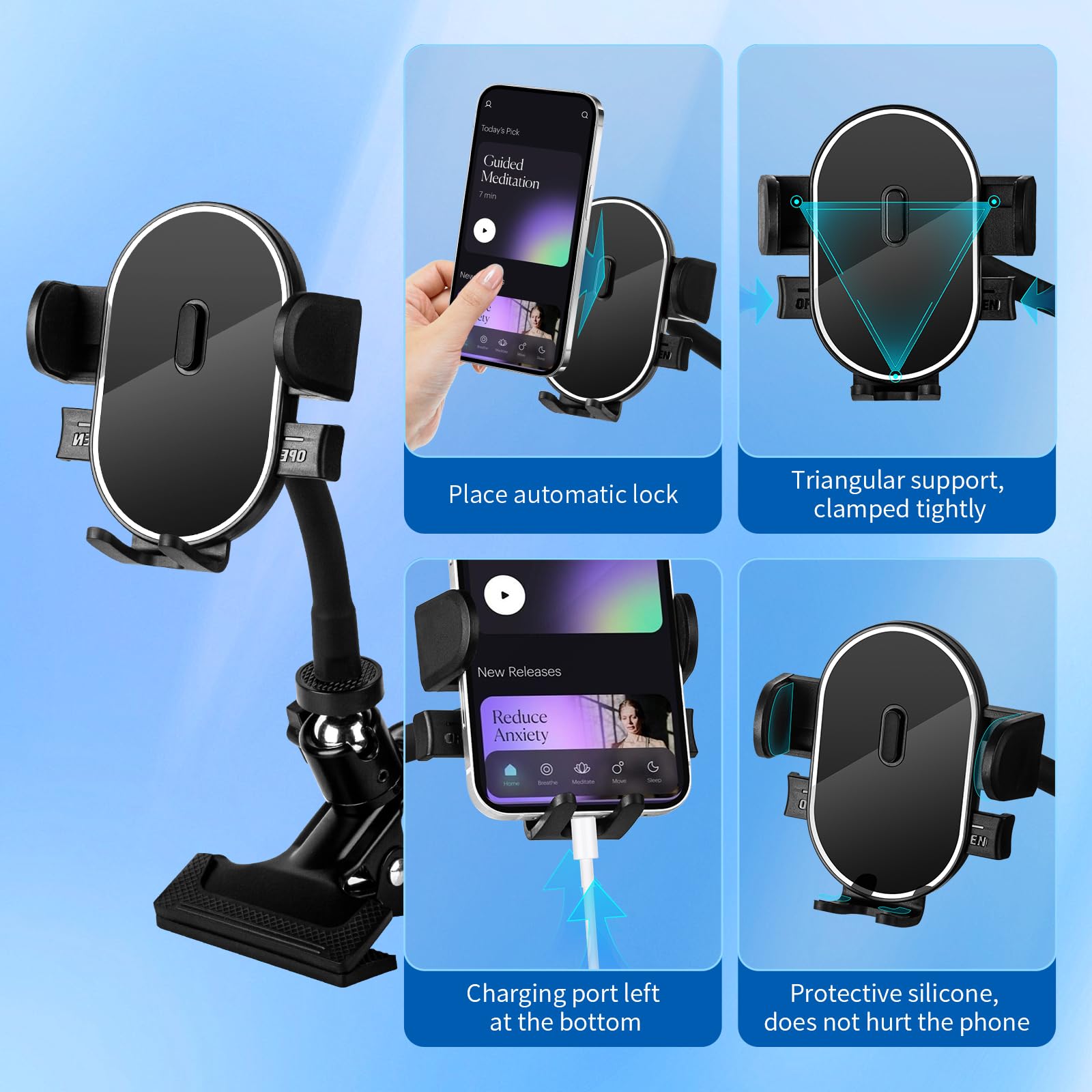 Rock Clip Phone Holder With 360° Gooseneck Arm & Auto-Locking Clamp,Short/Medium/Long Arm Options For Desk, Mic Stand, Table,Treadmill – Fits 4-7" Smartphones(Short-3.9 Inch Arm)