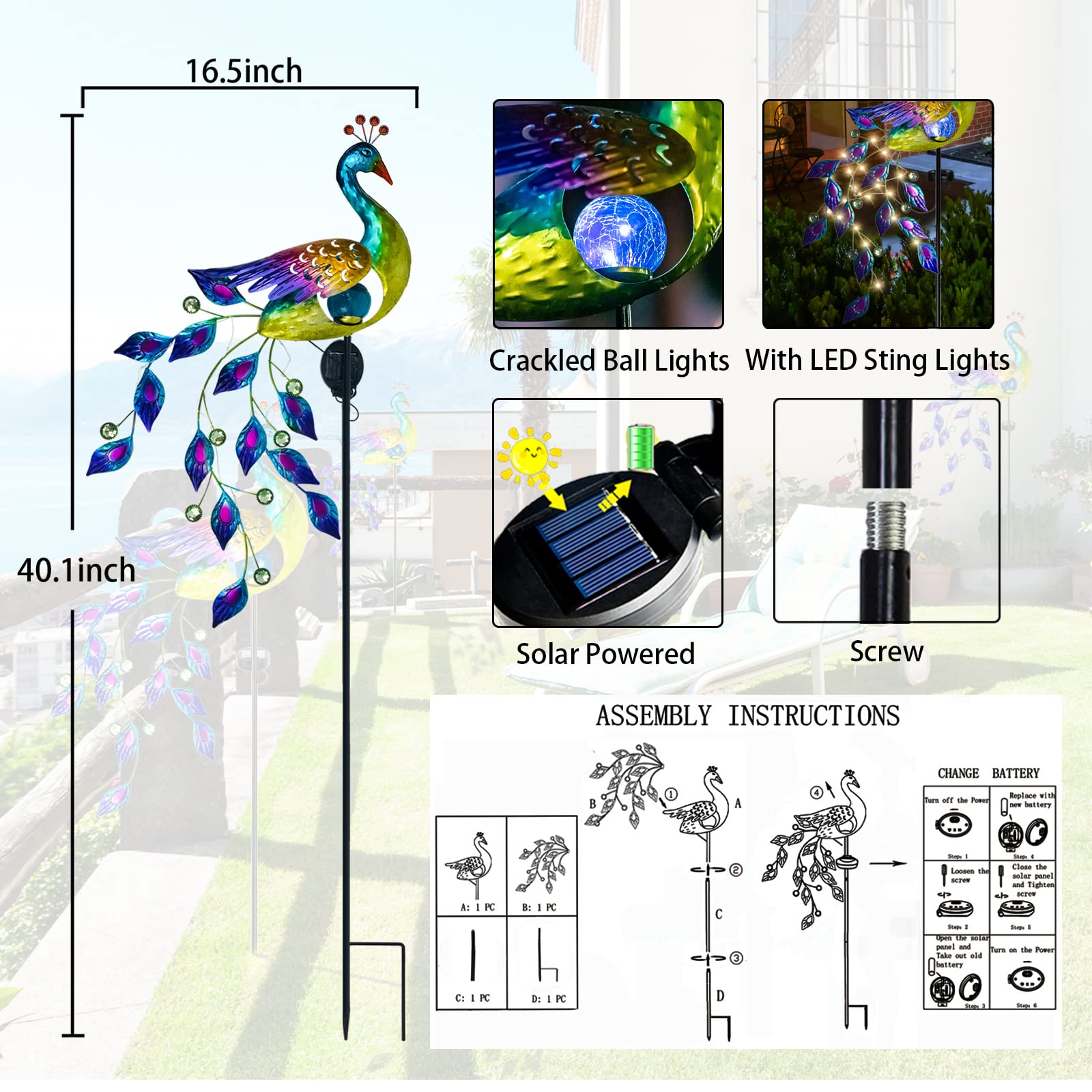 Dreamsoul Solar Garden Lights Outdoor, Metal Peacock Decor Solar Lights Garden Stakes With Led String Lights, Waterproof Crackle Glass Ball Landscape Path Light For Lawn Patio