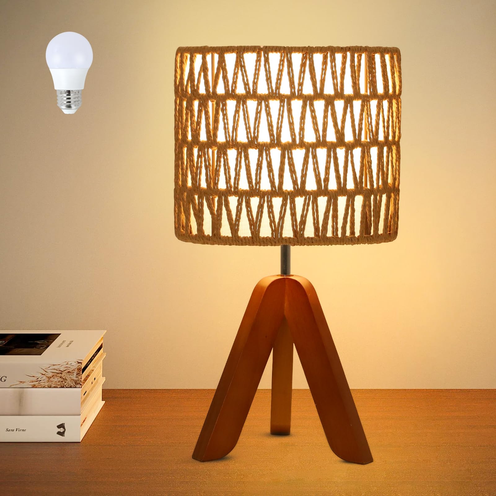 Eayaya Tripod Table Lamp With Bulb, Small Boho Desk Lamp For Bedroom With Rattan Fabric Lampshade, Cute Bedside Lamp For Night Stand, Mini Side Table Lamp For Living Room, Rattan Nightstand Lamp, Tripod Lamp