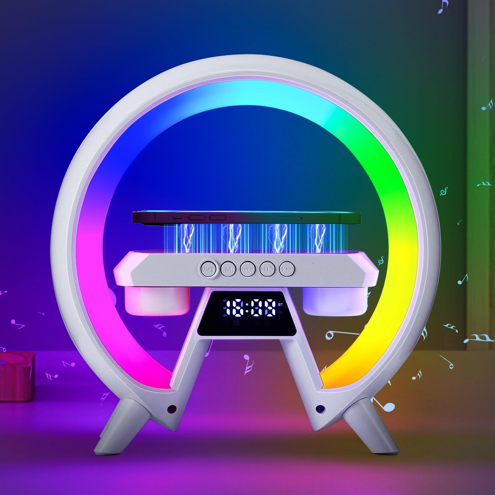 Kuidehacul Atmosphere Lamp With Wireless Charger, Table Lamp With Bluetooth Speakers, Time Display Alarm Clock, 15W Qi Wireless Charger And Hi-Fi Music, Dazzling Lights Bedside Lamp, Aux/Tf/Fm